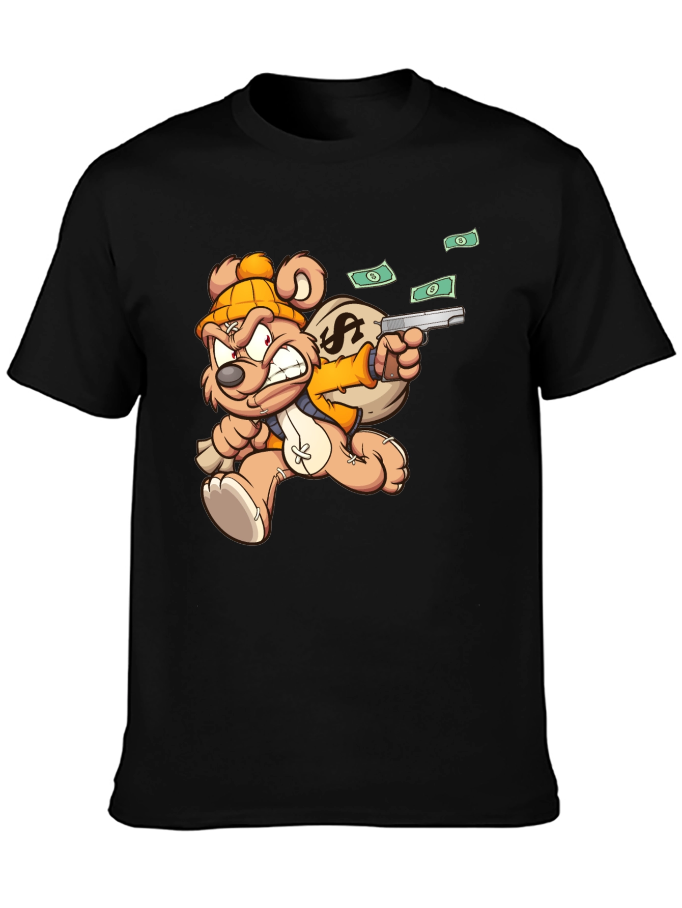 Black Cartoon Teddy Bear with Gun T-Shirt view 3