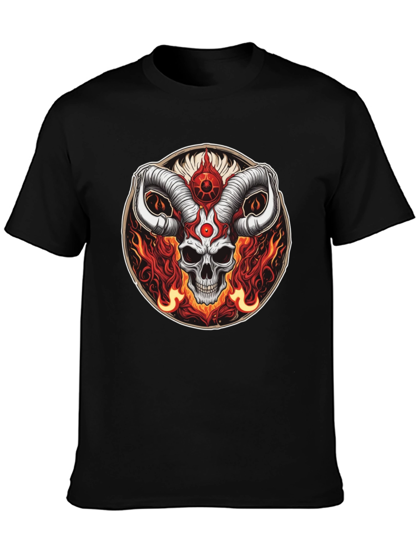 Black Skull Horns Fire Graphic Tee - Black Cotton Shirt view 3