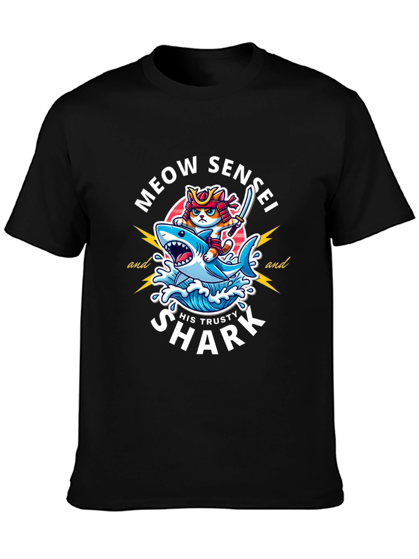 Black Meow Sensei & Shark T-Shirt - Fun Graphic Tee view 3