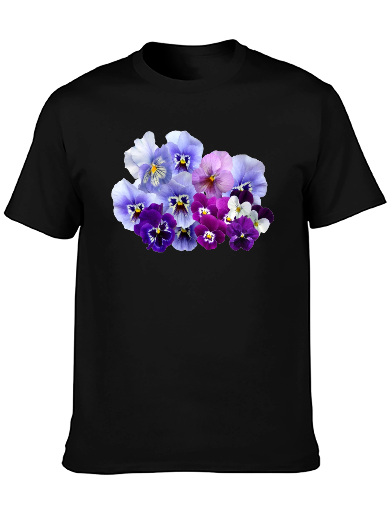 Black Floral Pansy Print Black T-Shirt view 3