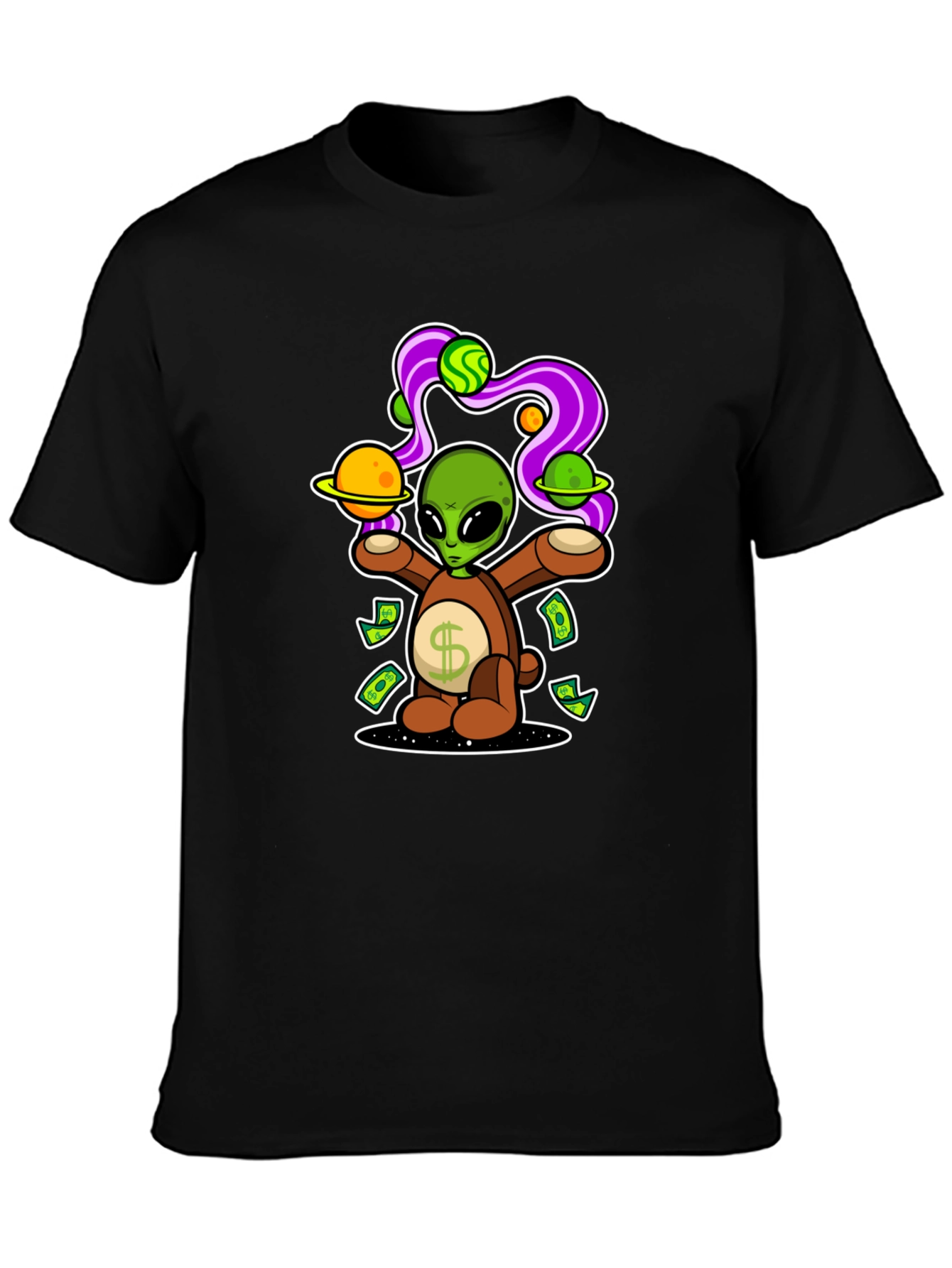 Black Alien Bear Money Graphic T-Shirt view 3