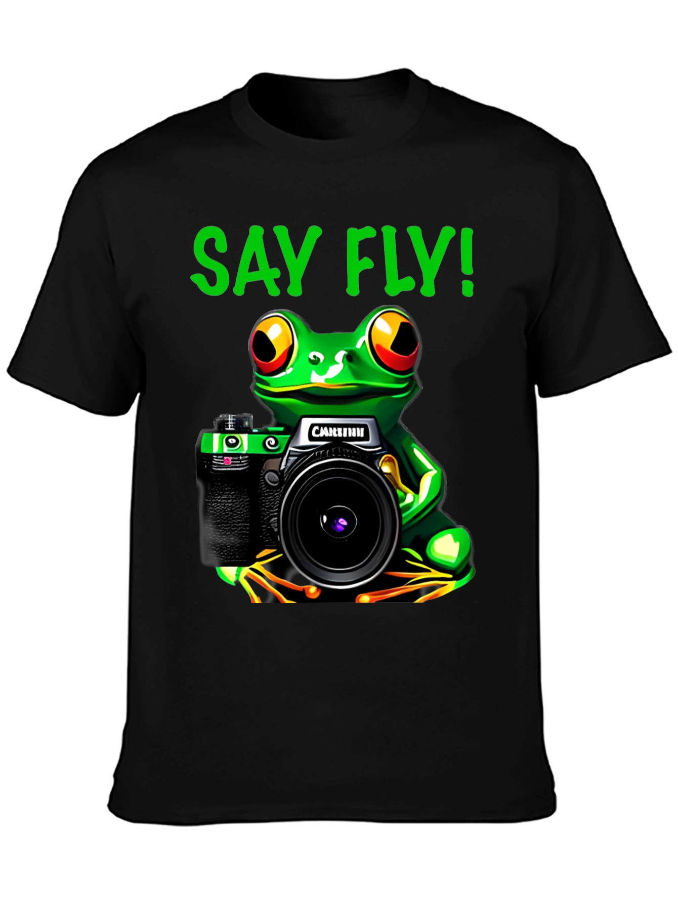 Black Frog Photographer T-Shirt - Say Fly! Black Cotton Tee view 3