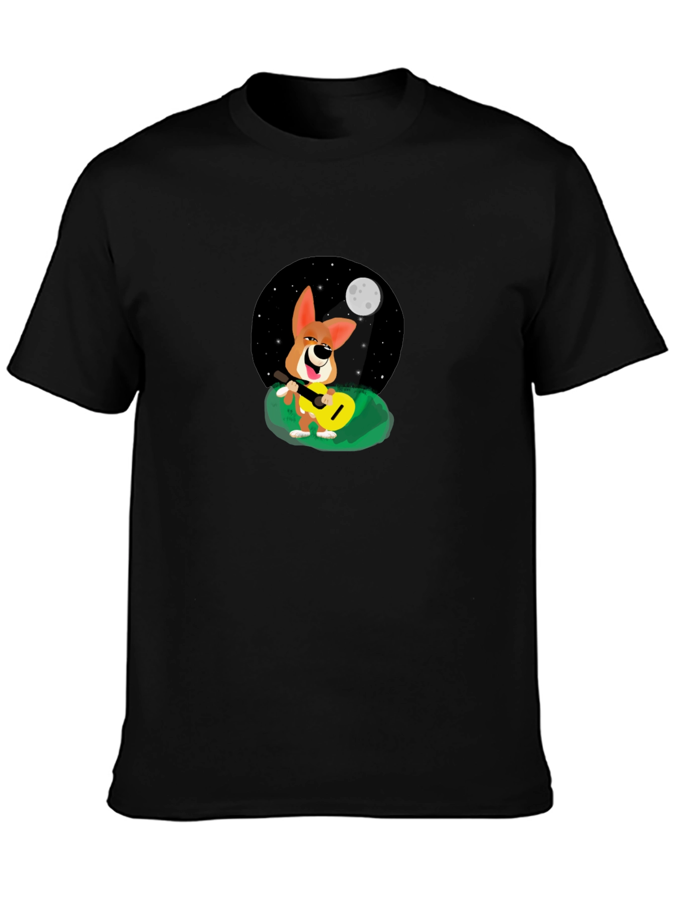 Black Dog Playing Guitar Under Moonlight T-Shirt view 3
