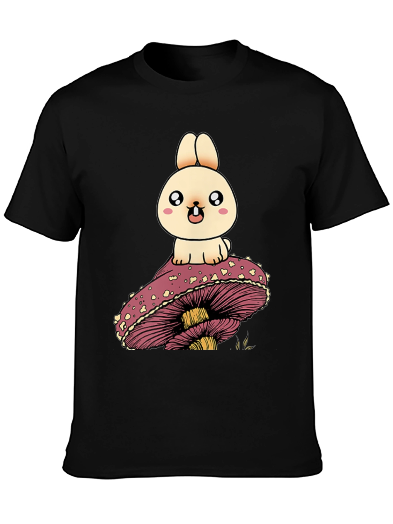 Black Cute Bunny on Mushroom Graphic T-Shirt view 3