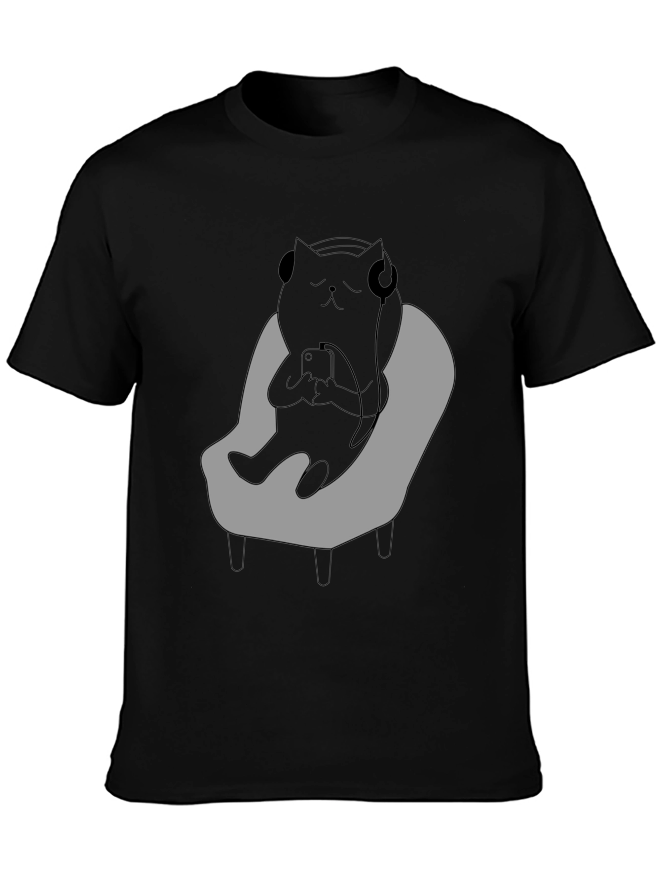 Black Chill Cat T-Shirt - Relaxed Black Cat with Headphones view 3