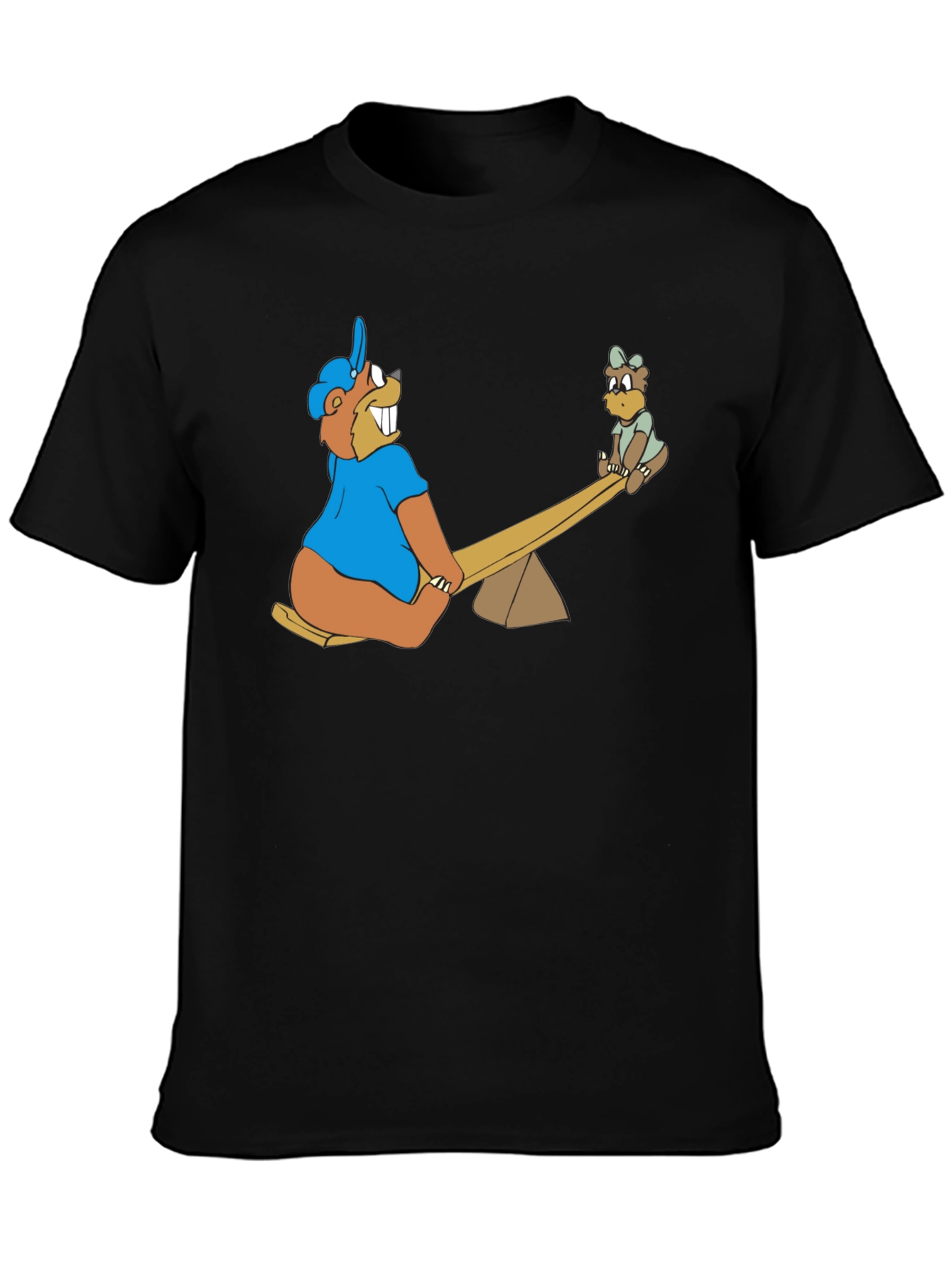 Black Cartoon Beaver See-Saw Black T-Shirt view 3