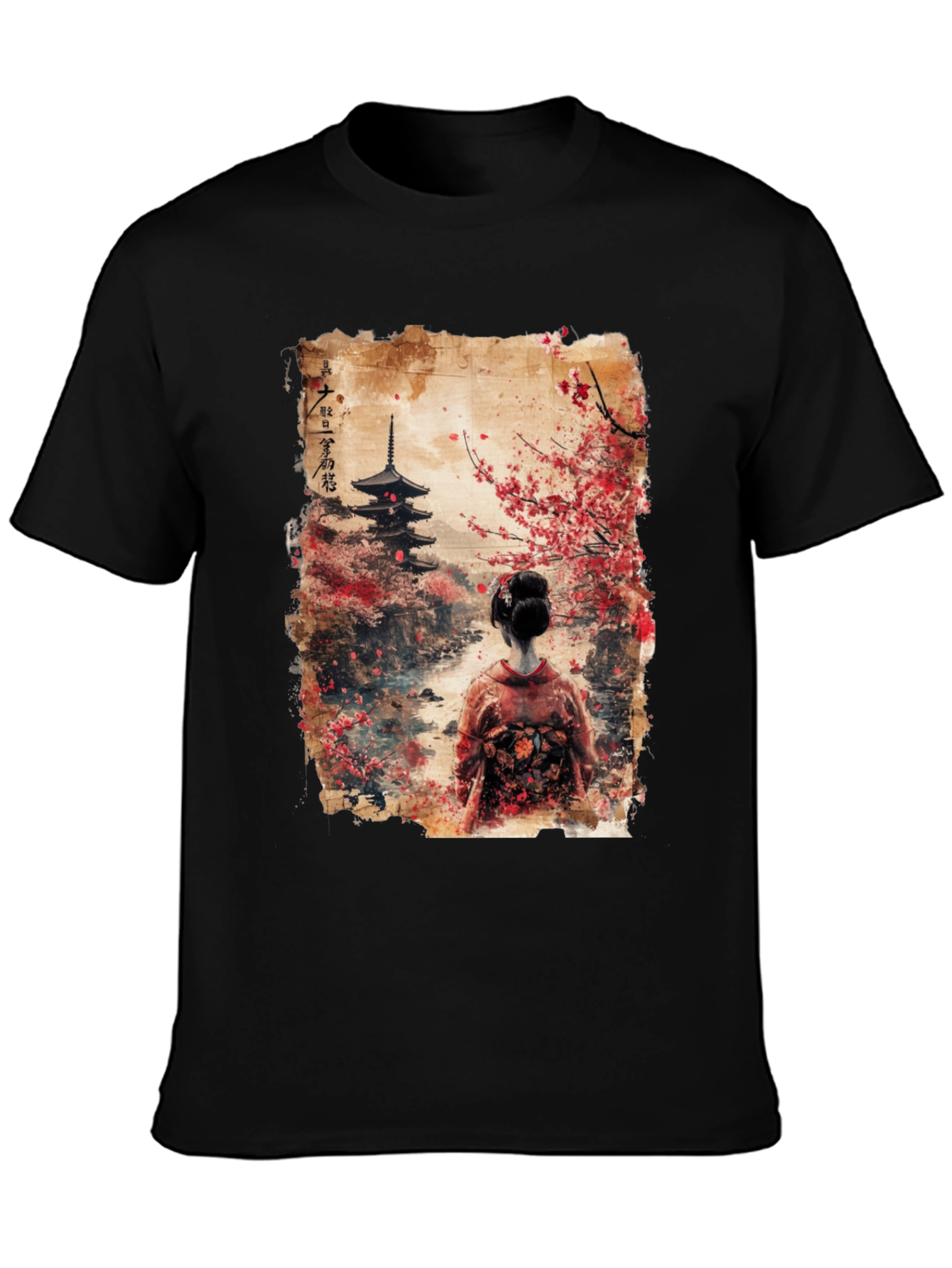 Black Japanese Pagoda & Geisha Graphic Tee - Black view 3