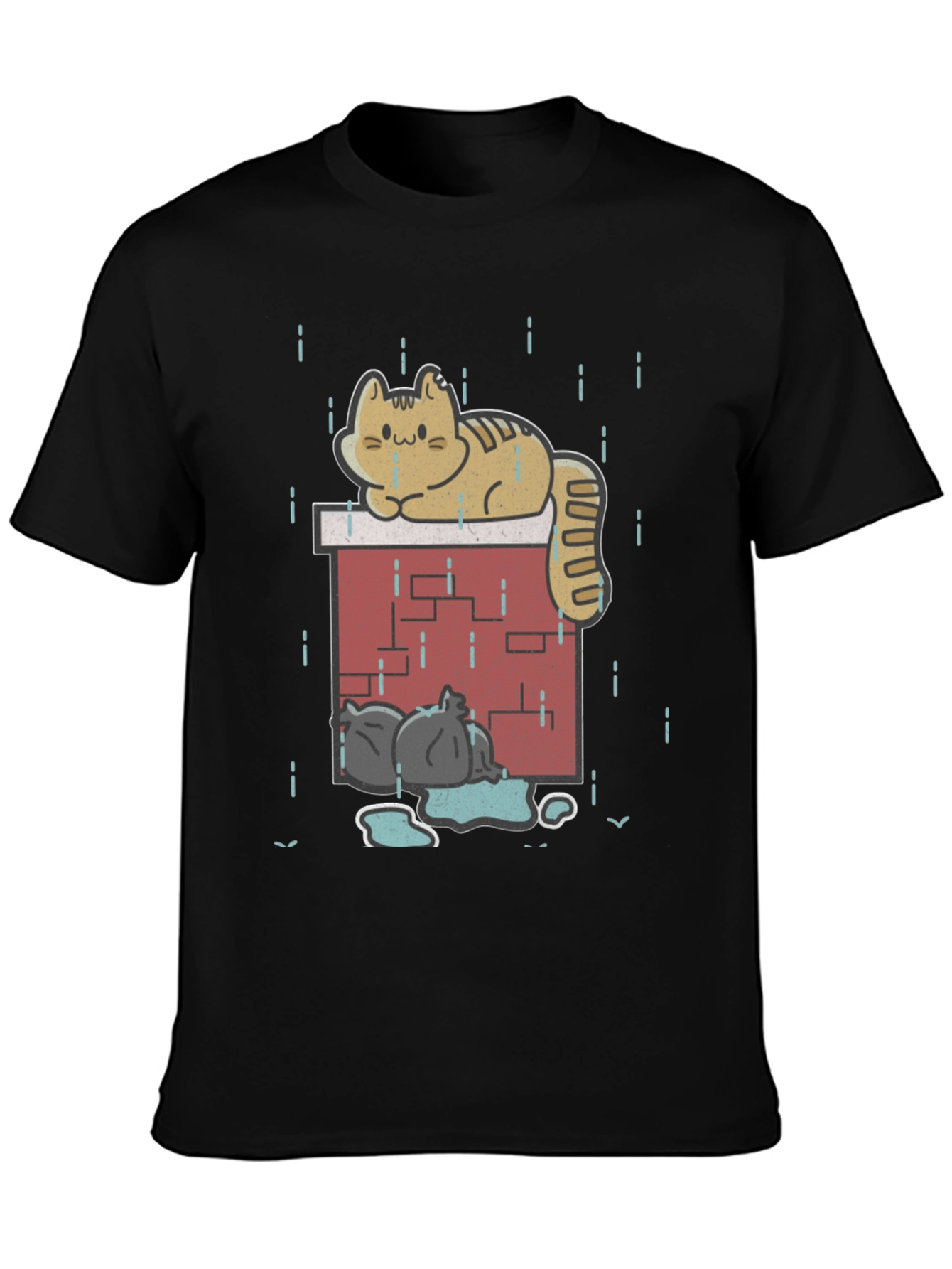 Black Cute Cat In Rain Graphic T-Shirt view 3