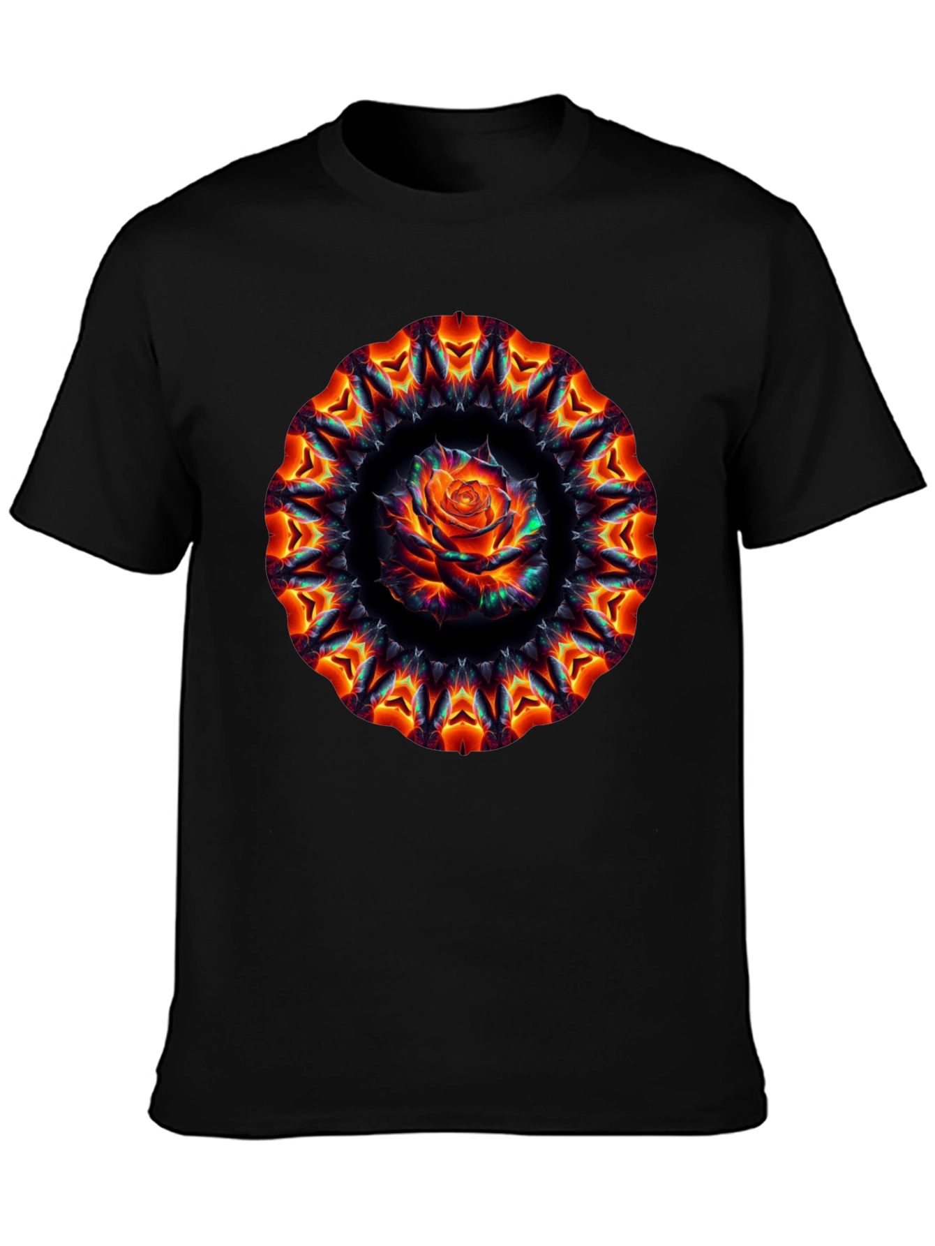 Black Fiery Rose Mandala Black T-Shirt view 3