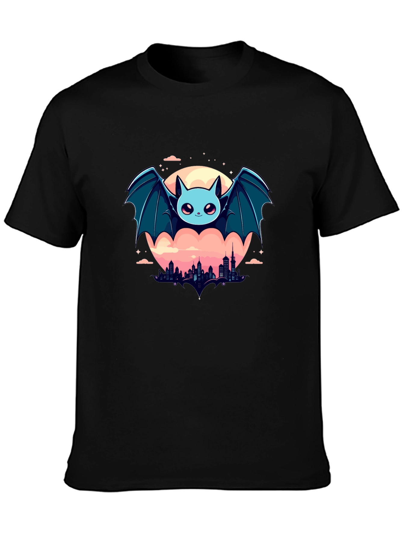 Black Cute Bat Over City Graphic Tee view 3