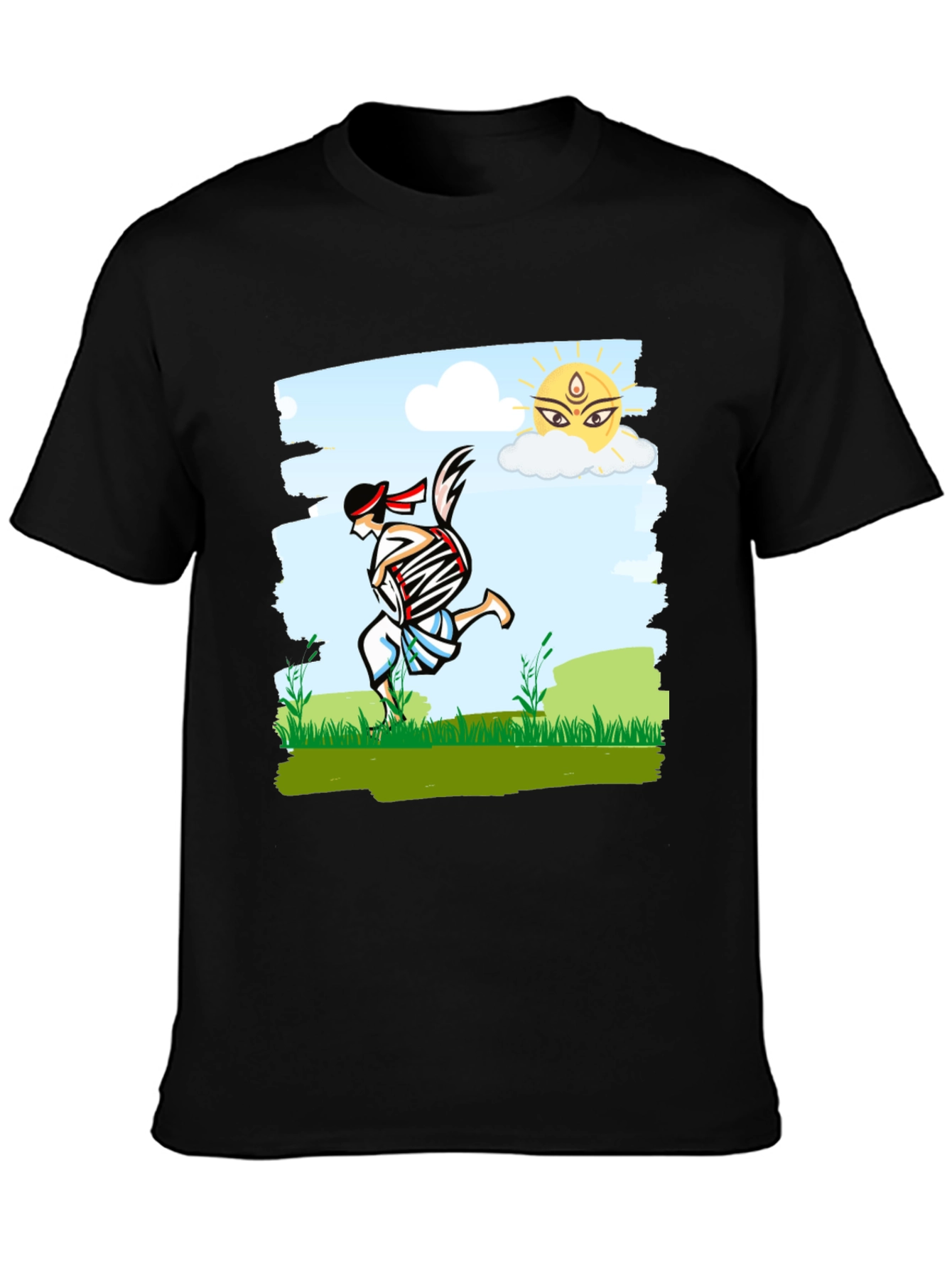 Black Bengali Drummer T-Shirt - Festive Indian Art Design view 3