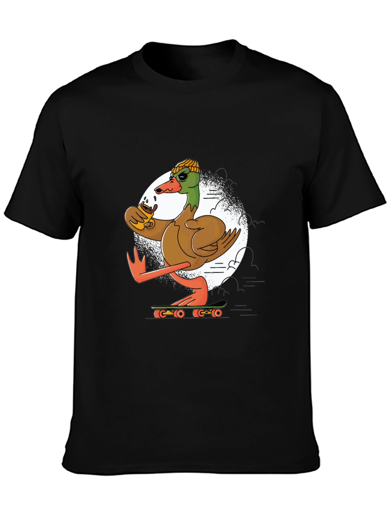Black Skateboarding Duck T-Shirt: Cool Coffee Drinking Bird view 3
