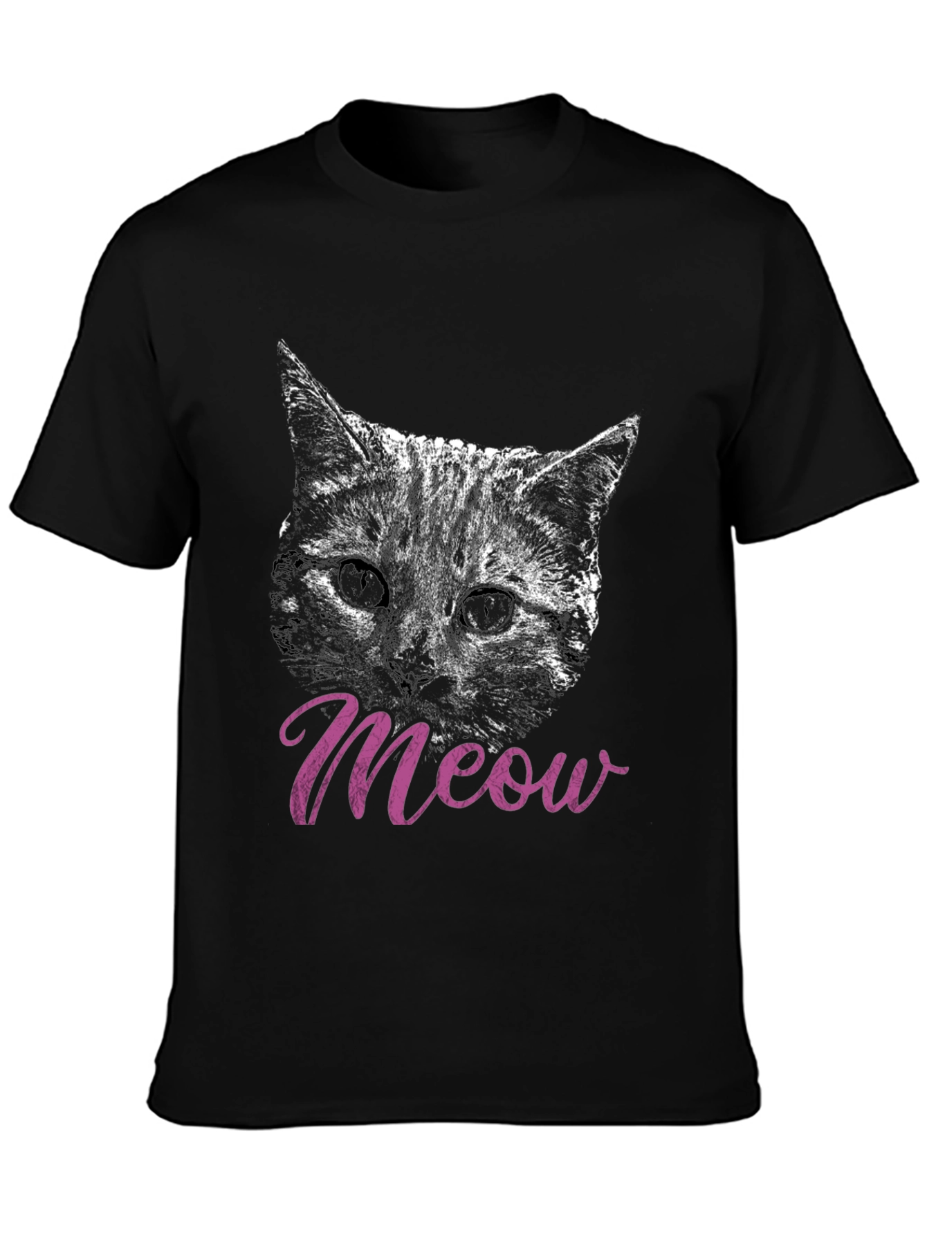 Black Cat Meow T-Shirt, Black, Crew Neck, Casual view 3