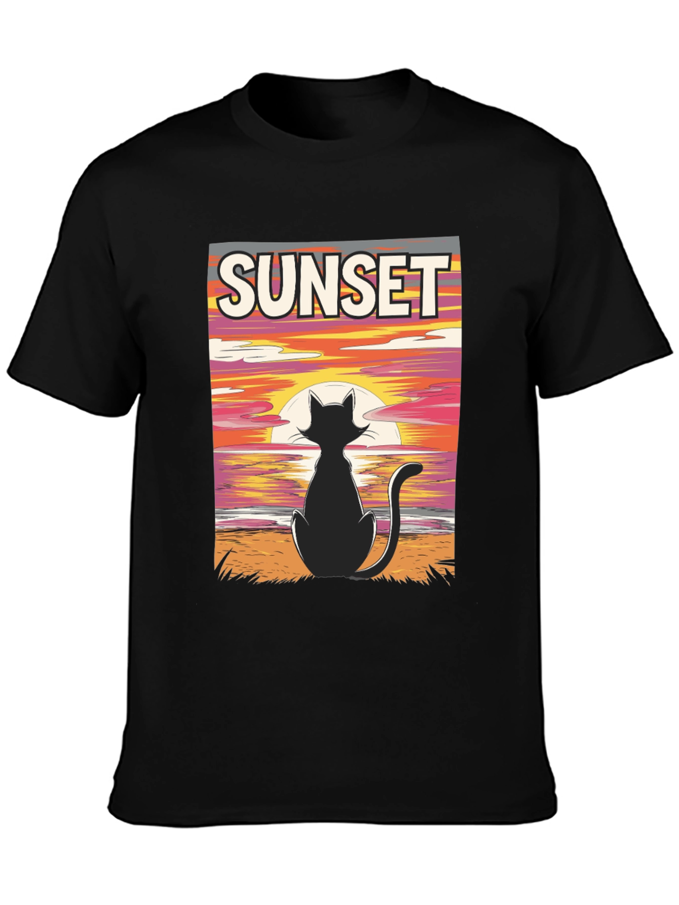 Black Sunset Cat Graphic T-Shirt - Black view 3