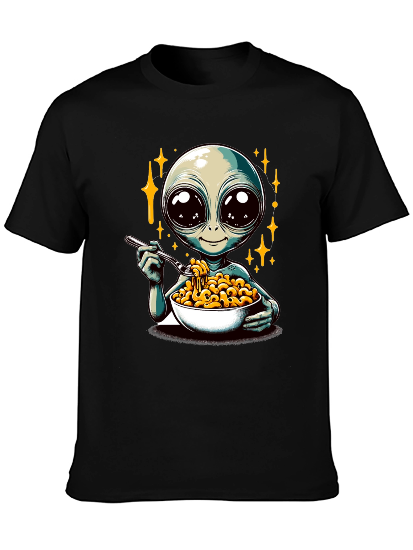 Black Alien Eating Mac & Cheese Graphic T-Shirt view 3