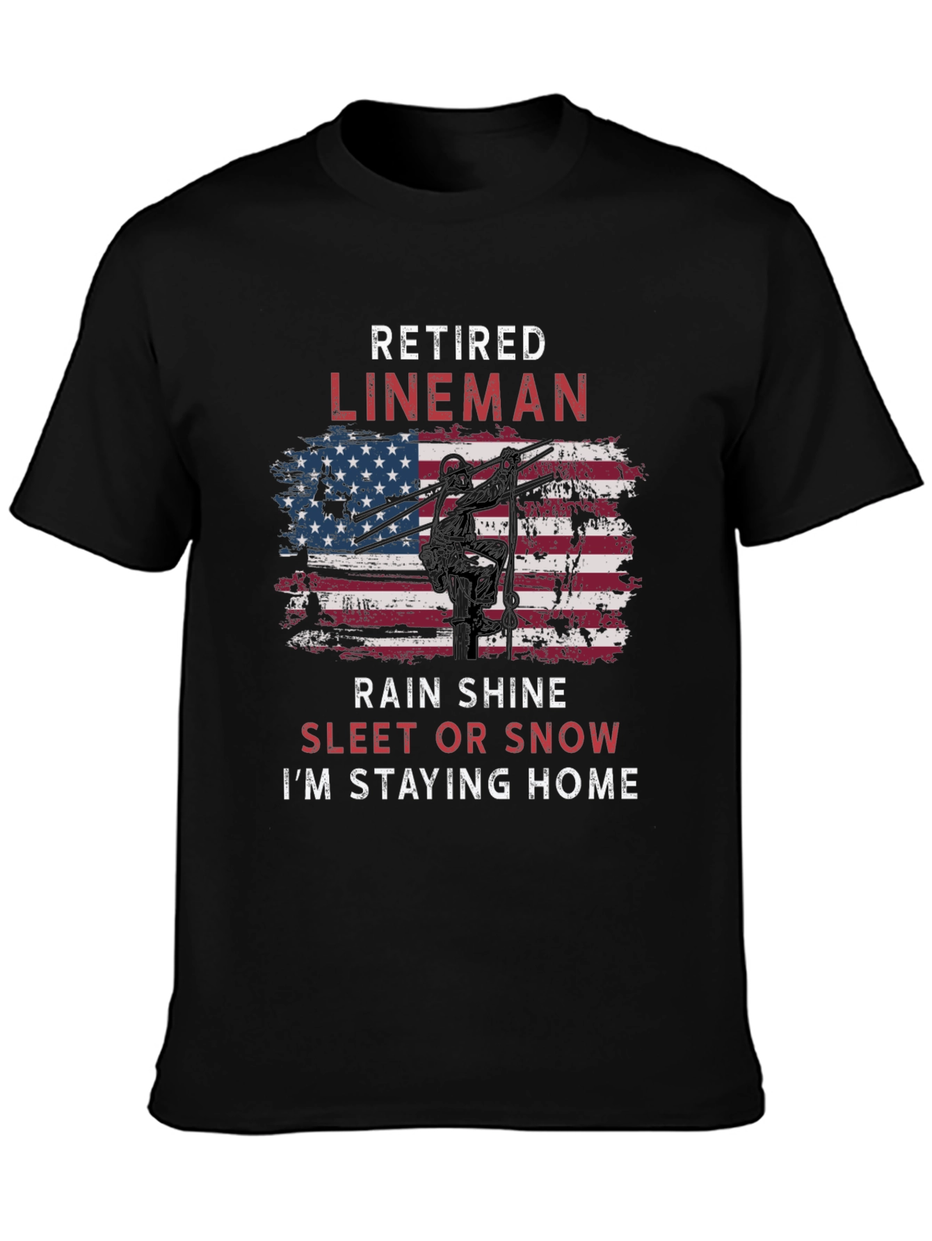 Black Retired Lineman T-Shirt - American Flag Design view 3