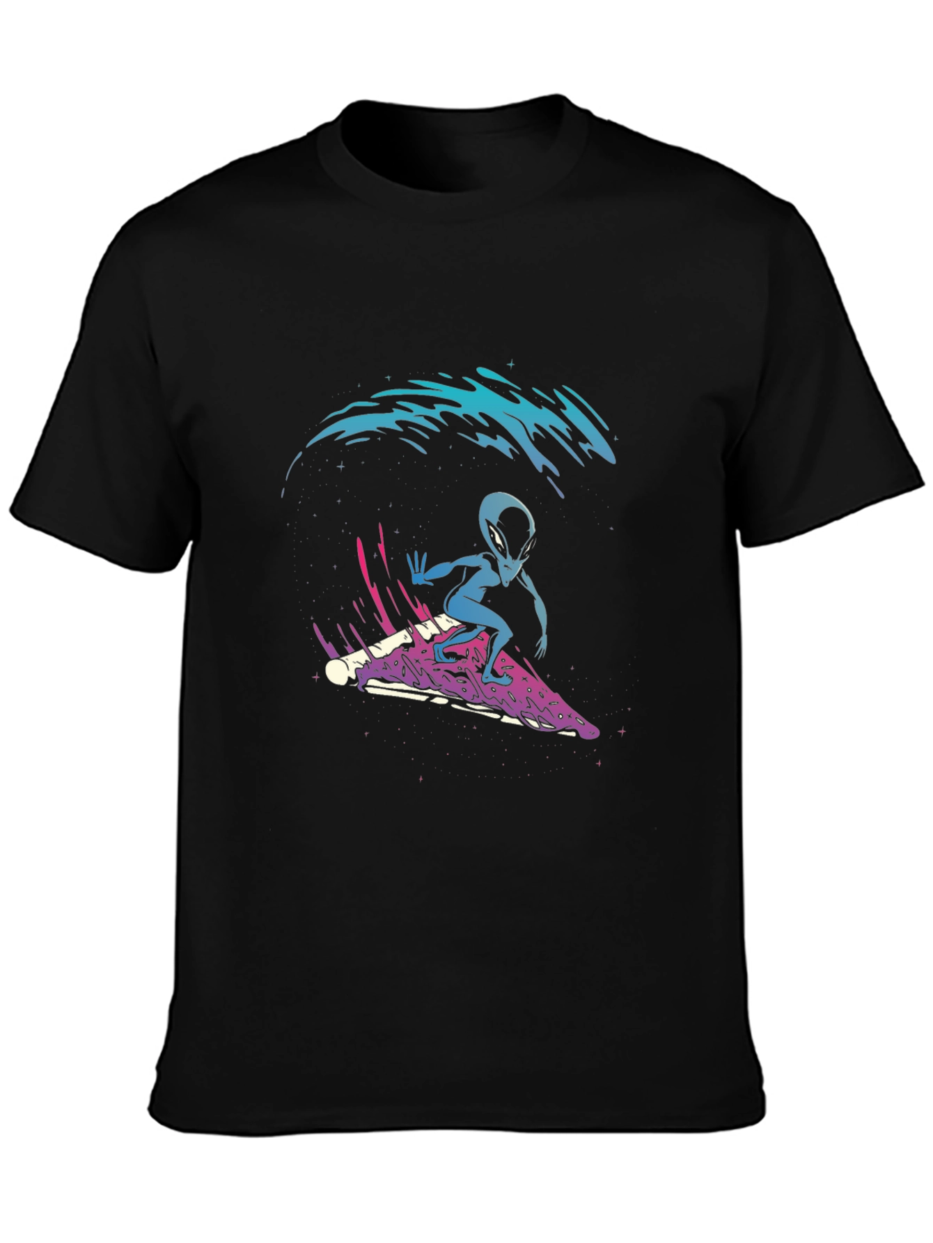 Black Alien Pizza Surfer Graphic Tee view 3