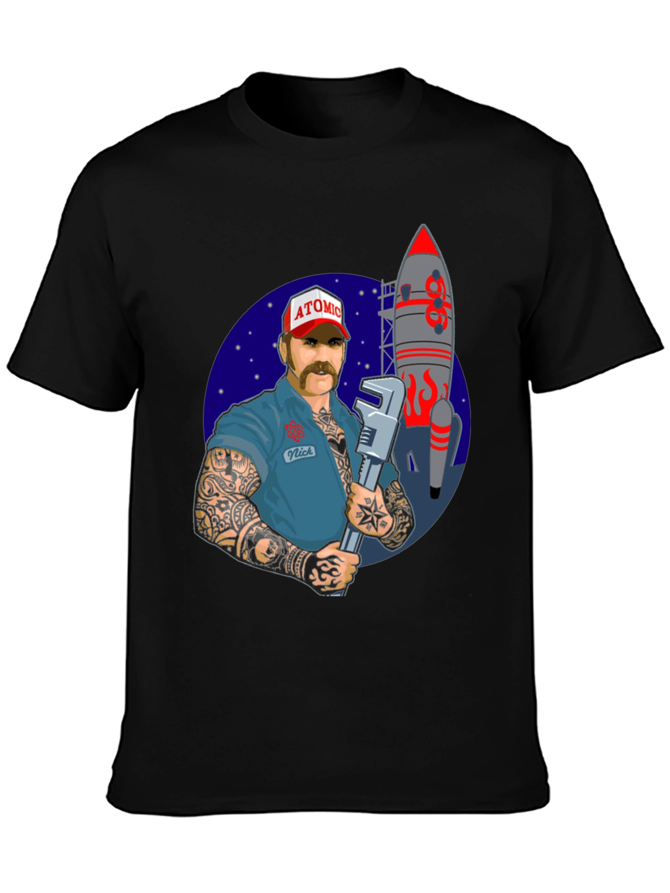 Black Atomic Mechanic Rocket T-Shirt view 3