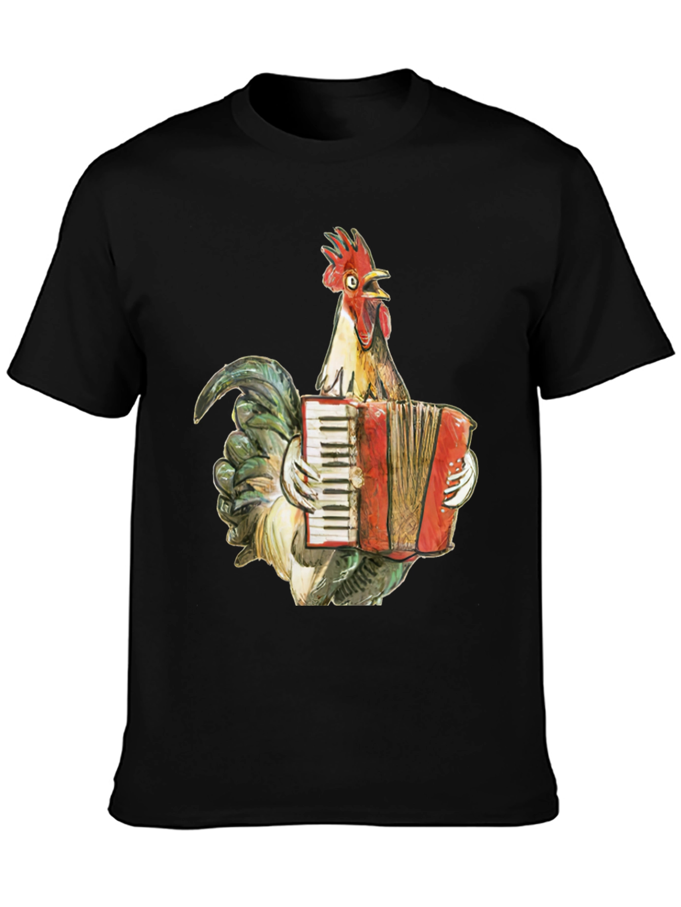 Black Funny Rooster Accordion T-Shirt - Novelty Tee view 3