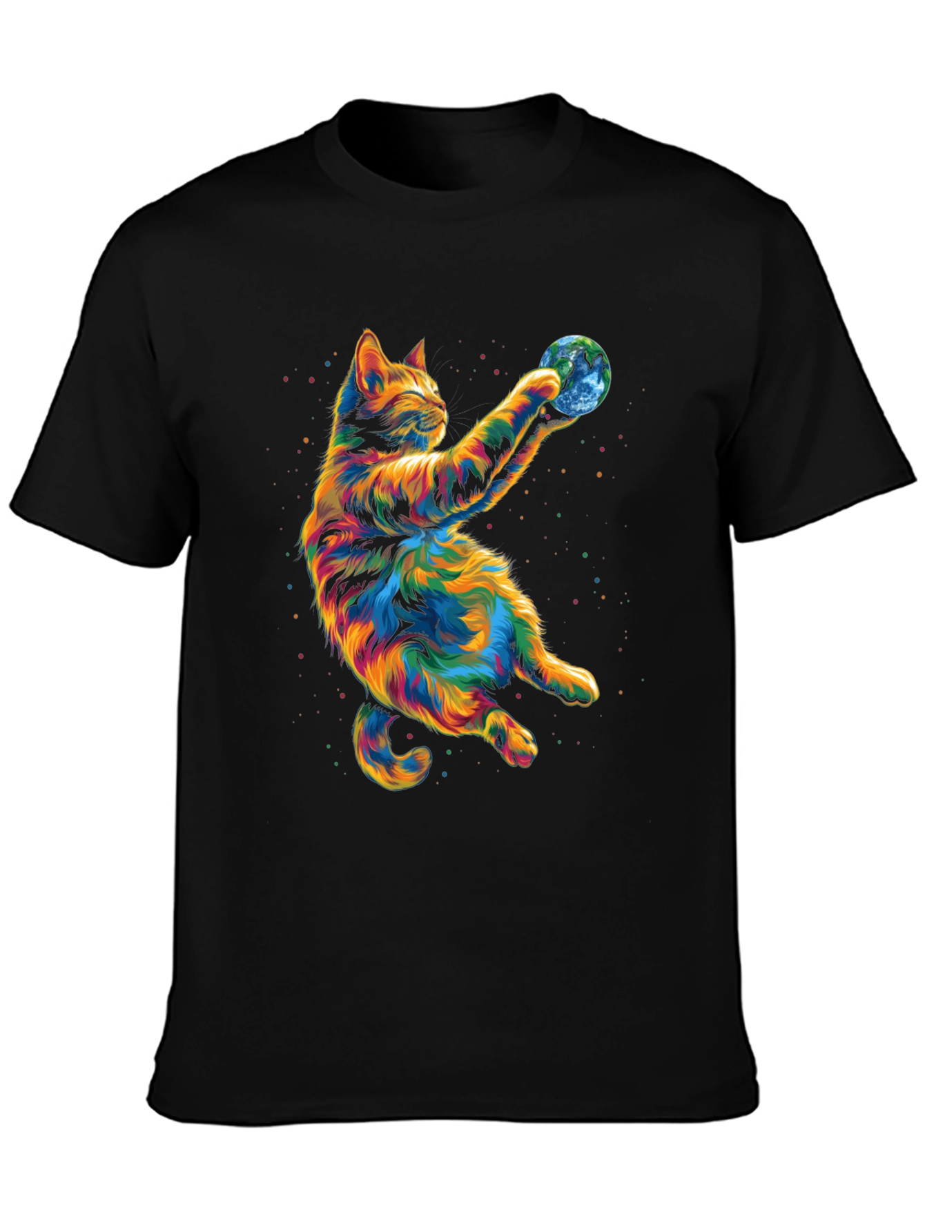 Black Colorful Cat Earth Graphic Tee view 3