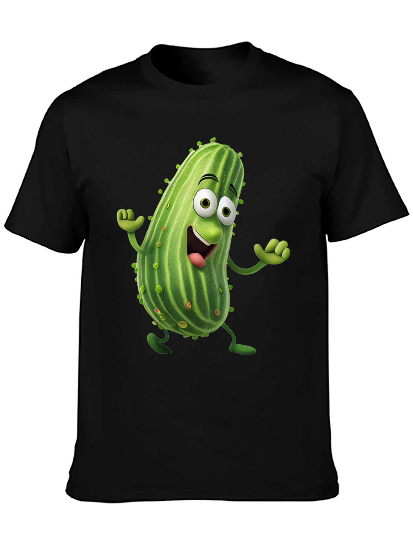 Black Funny Pickle Cartoon Black T-Shirt view 3