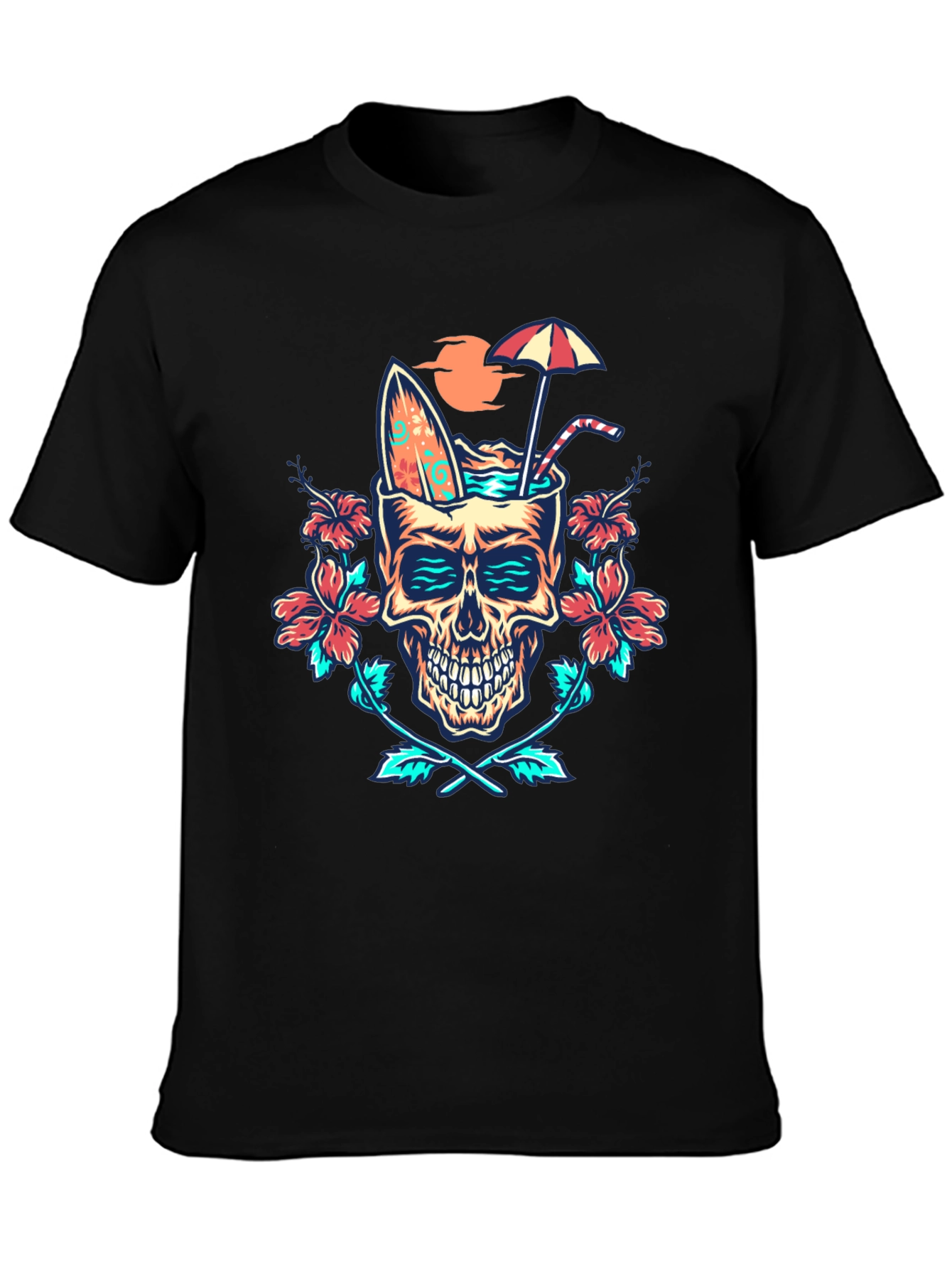 Black Tropical Skull Graphic T-Shirt - Beach Vibes! view 3