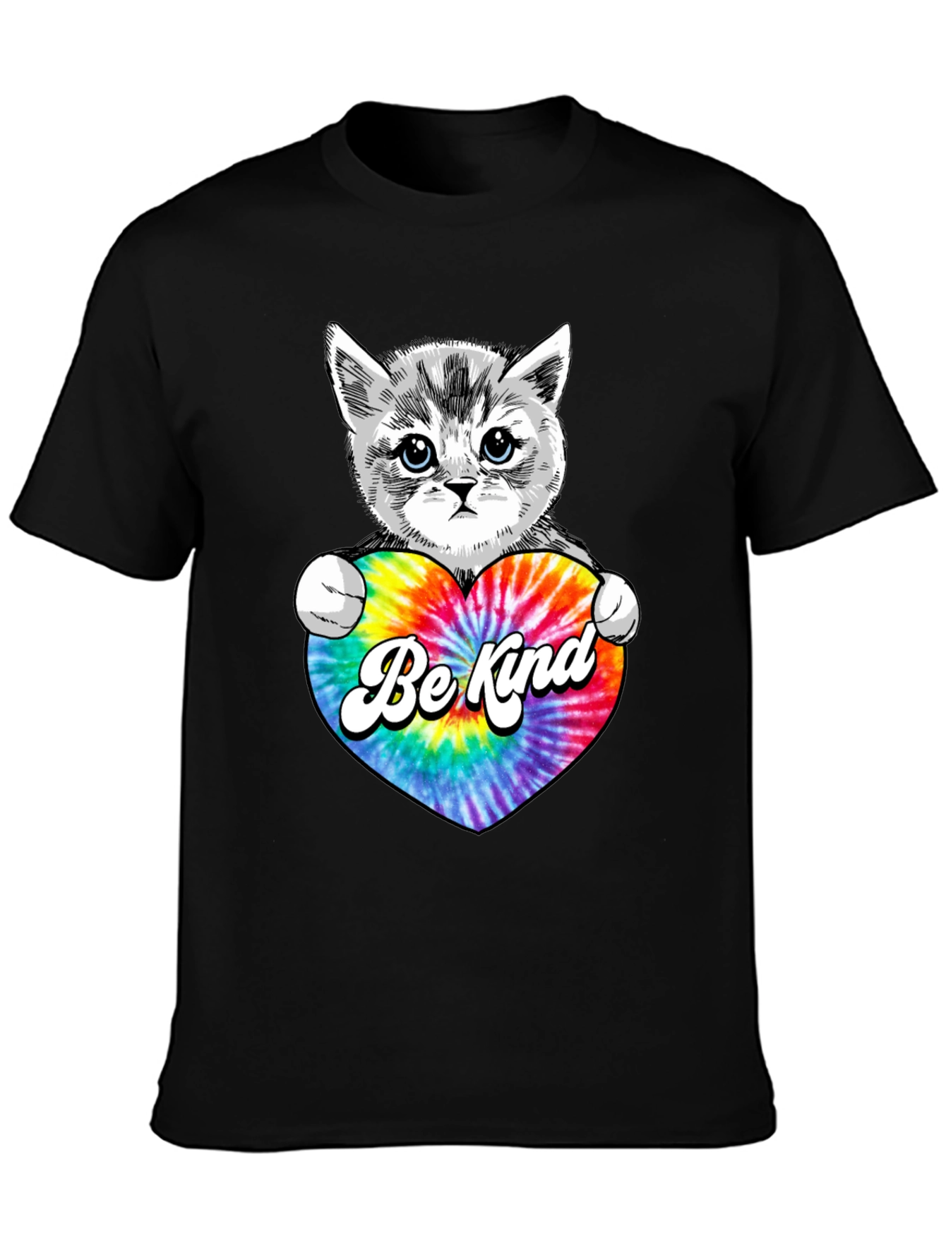 Black Cute Kitten 'Be Kind' Tie-Dye Heart T-Shirt view 3