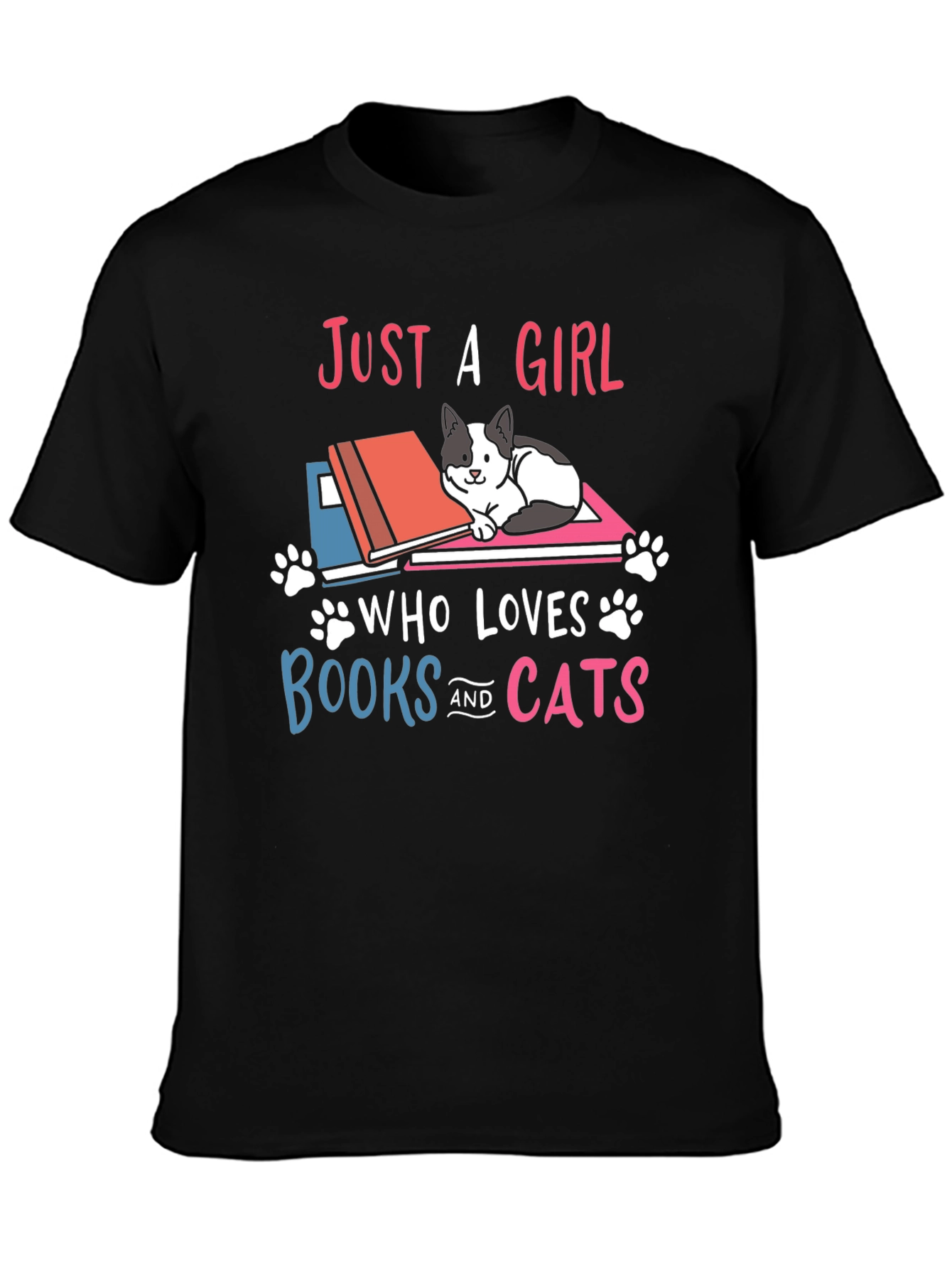 Black Just A Girl Who Loves Books and Cats T-Shirt view 3