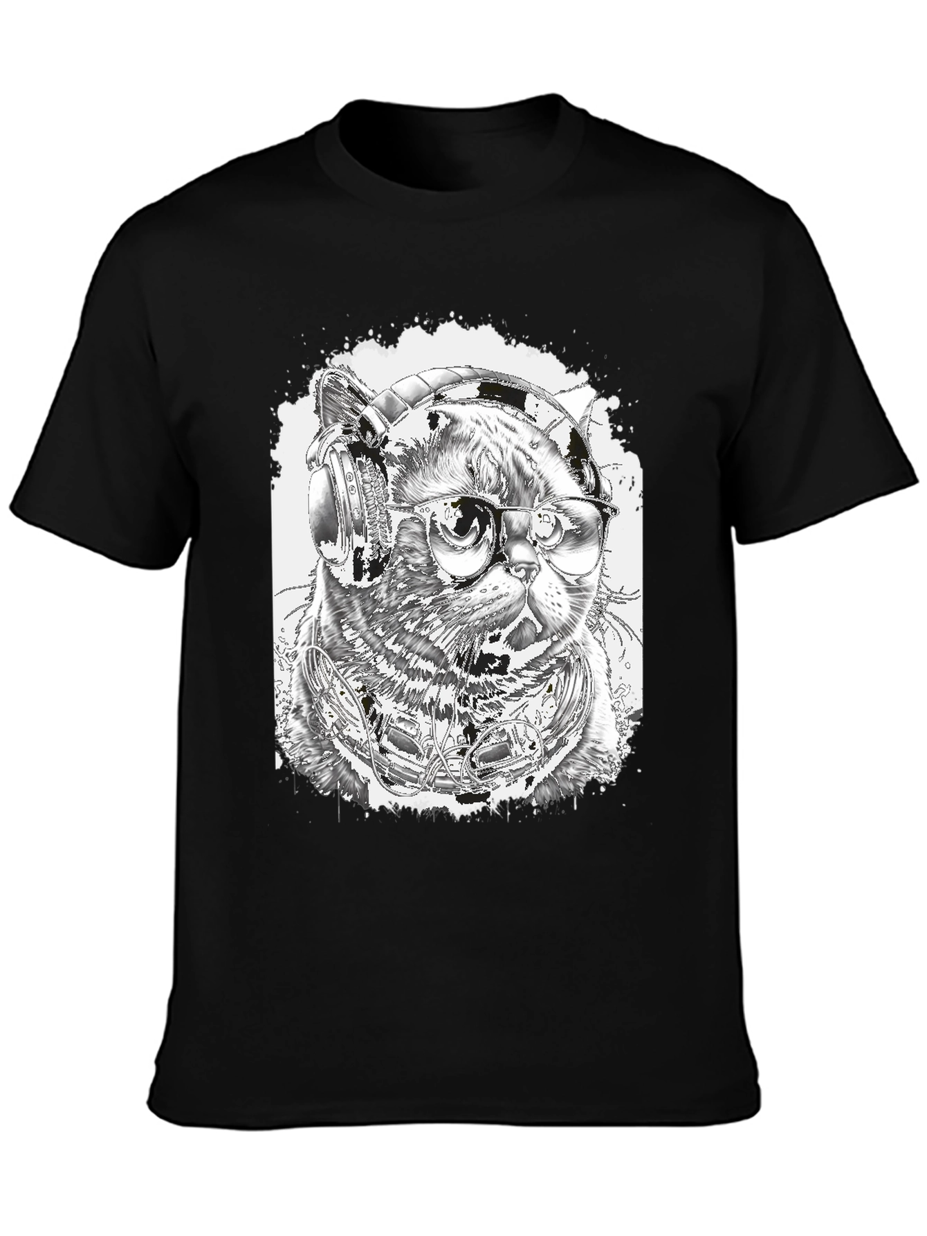 Black Cool Cat T-Shirt - Headphones & Glasses view 3