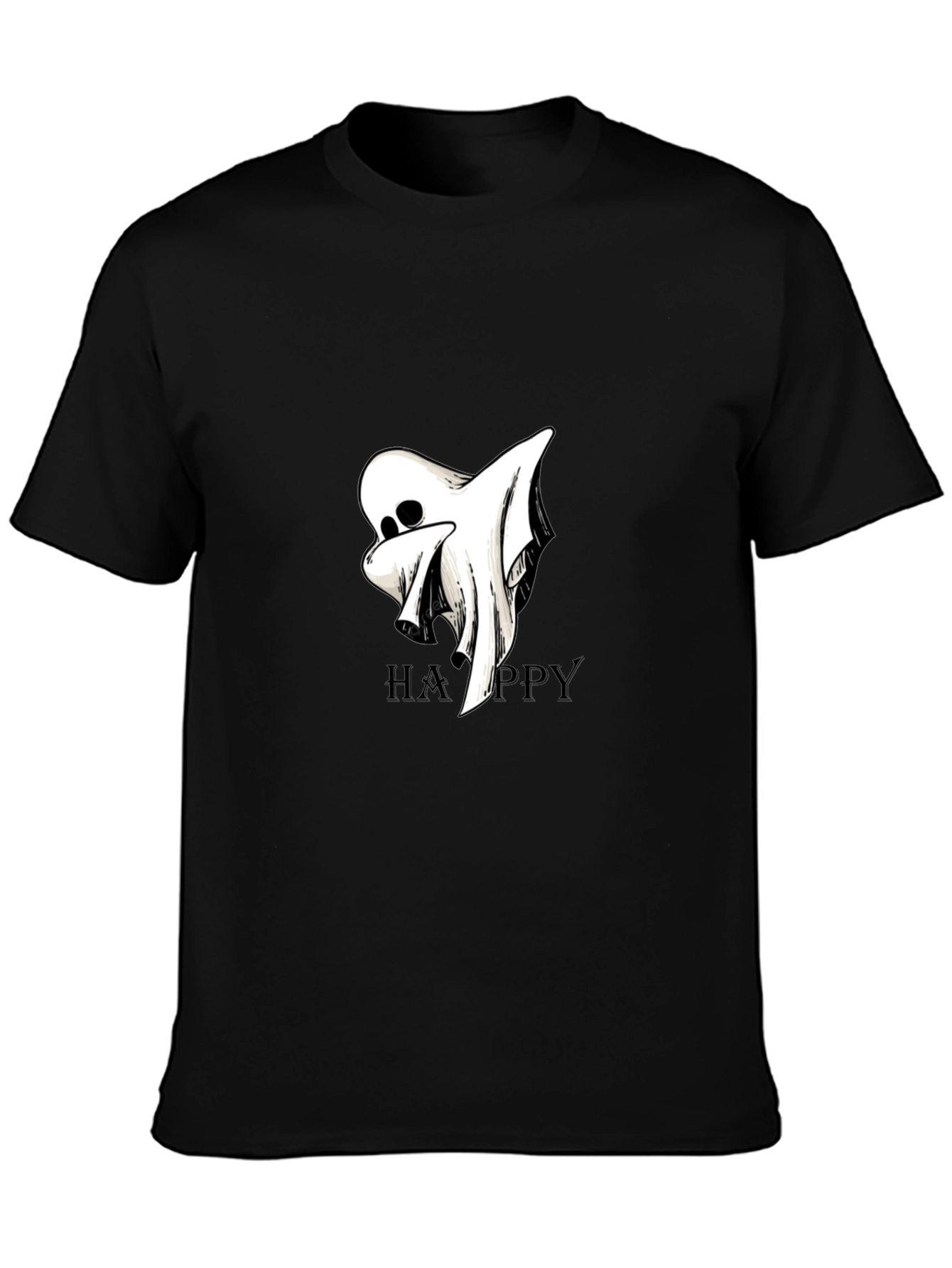 Black Spooky Ghost Happy Graphic Black T-Shirt view 3