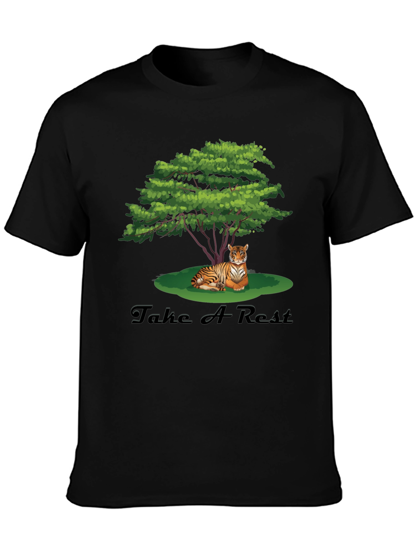 Black Men's Black Tiger Resting Under Tree Graphic Tee view 3