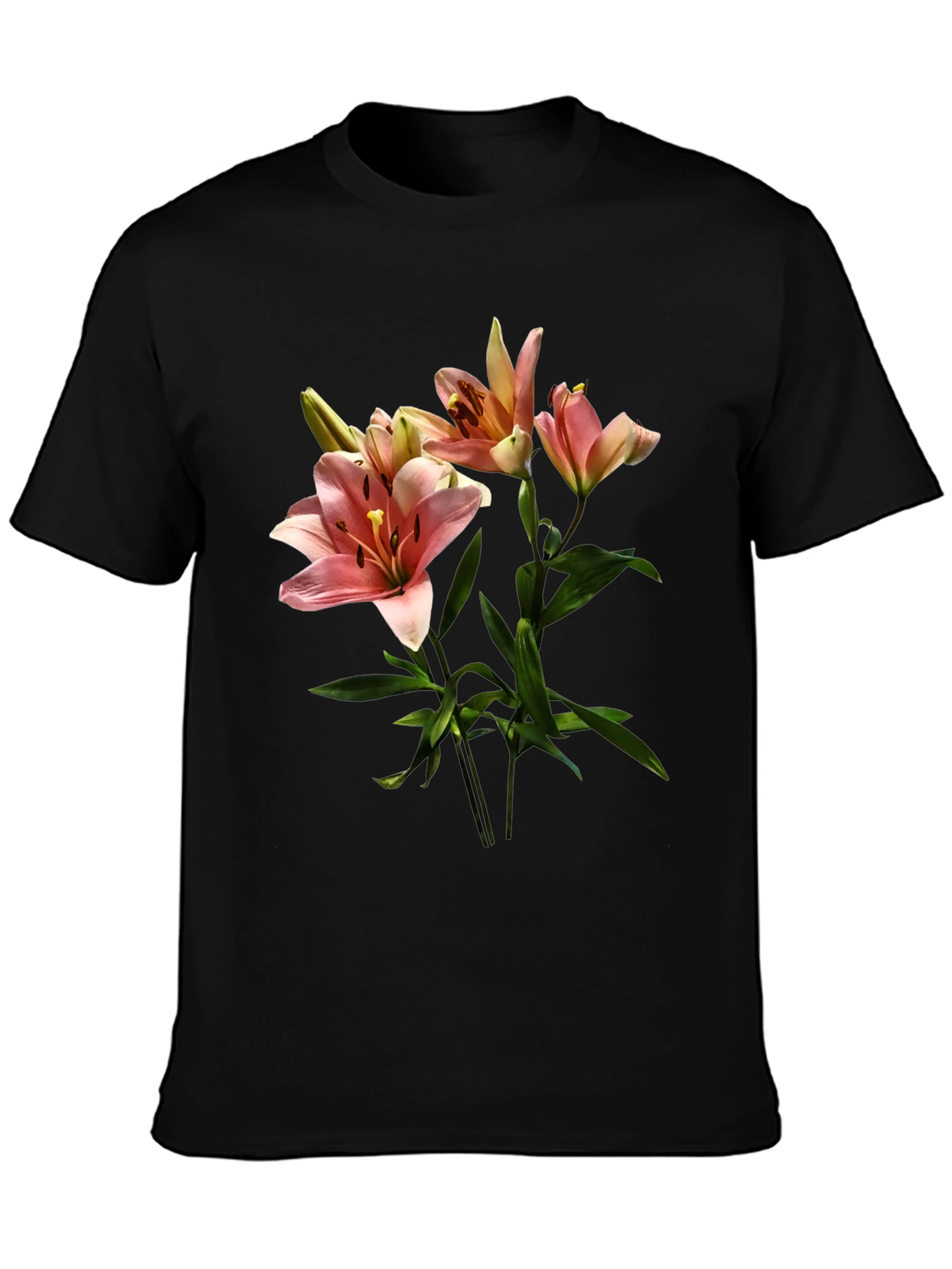 Black Floral Lily Print Black T-Shirt view 3