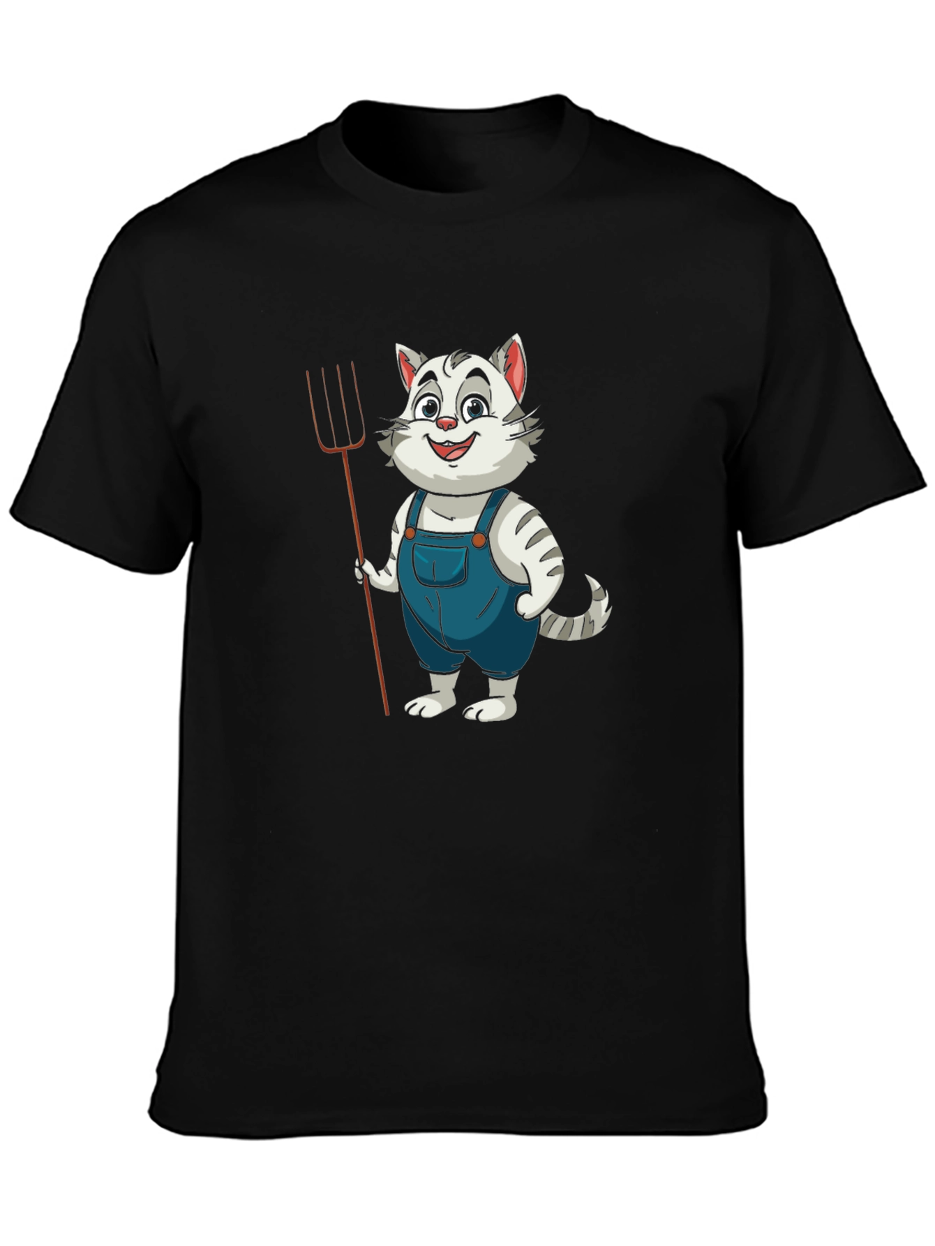 Black Cartoon Cat Farmer Black T-Shirt view 3