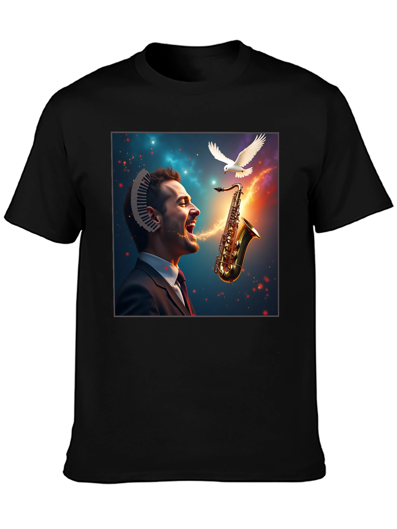 Black Musical Mind T-Shirt - Artistic Saxophone Design view 3