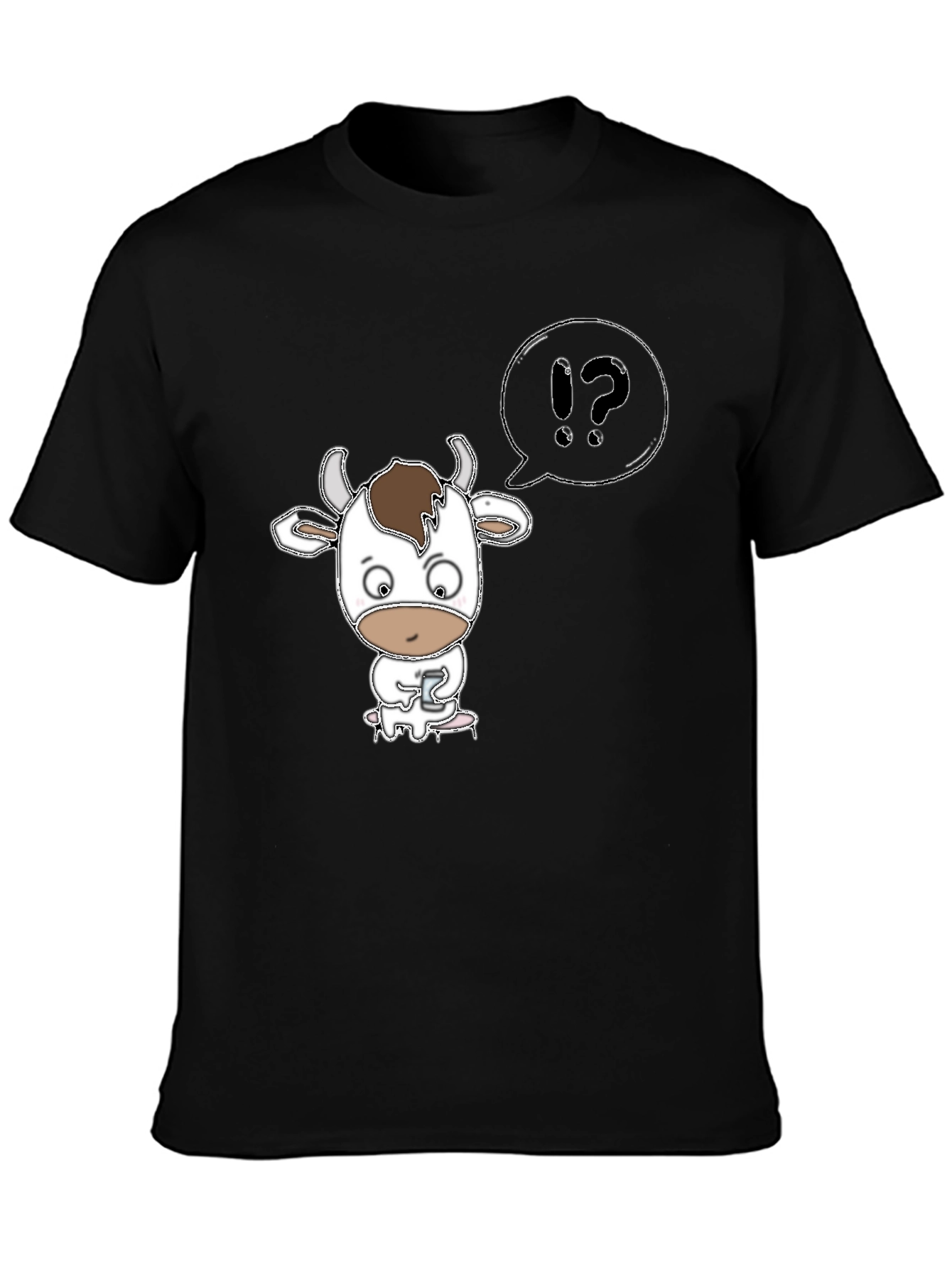 Black Cow Cartoon T-Shirt: "What?" Black Tee view 3