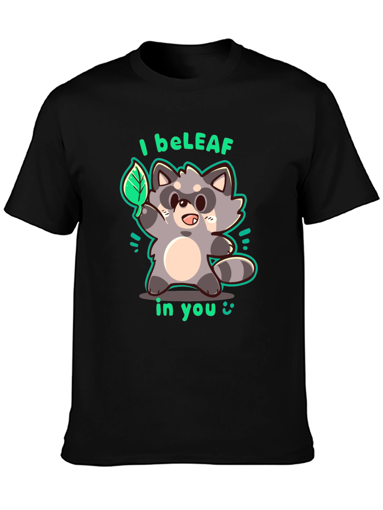 Black I beLEAF in You Raccoon Graphic T-Shirt view 3
