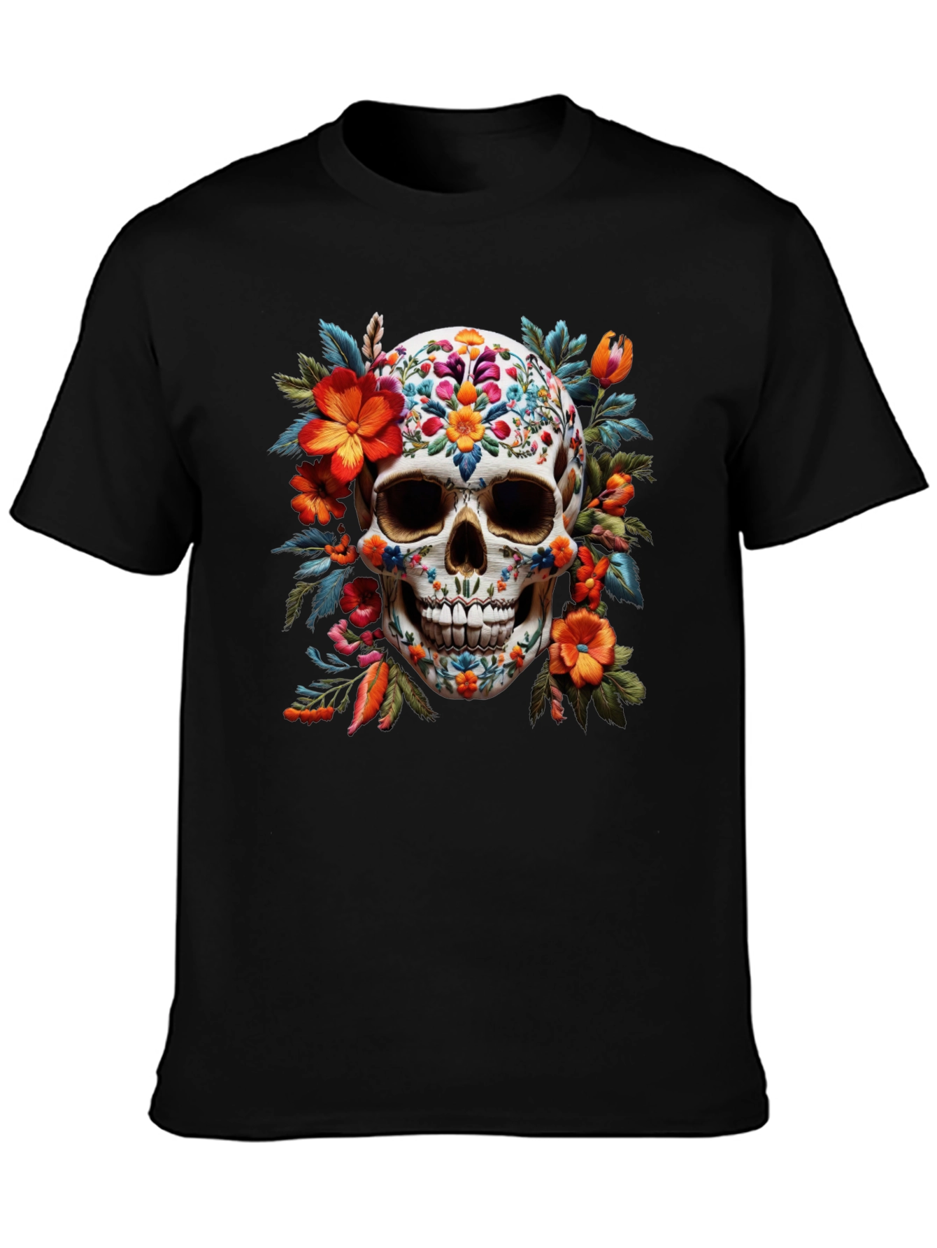 Black Floral Skull Graphic Tee - Day of the Dead view 3