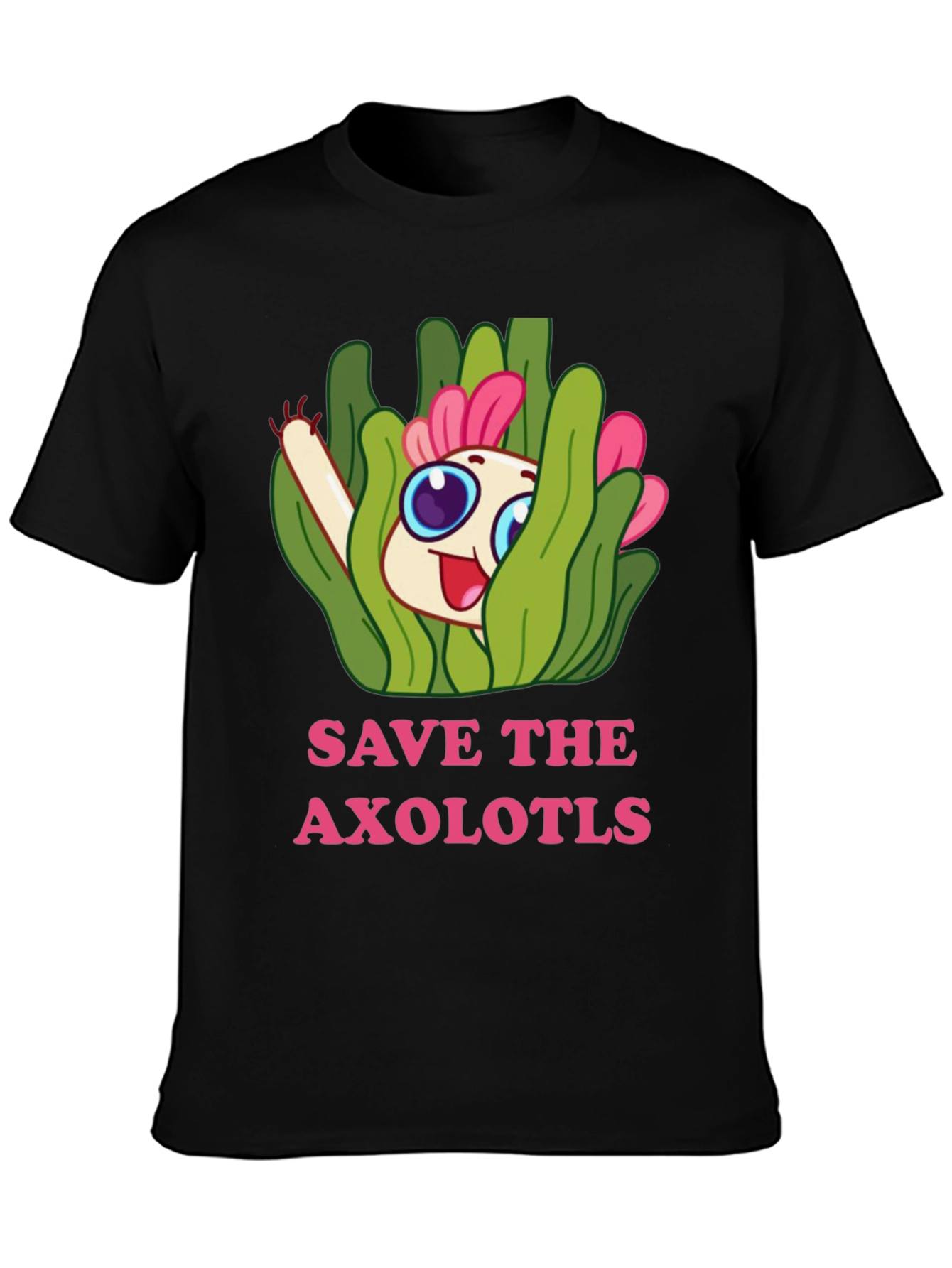 Black Save the Axolotls Cartoon Graphic T-Shirt view 3