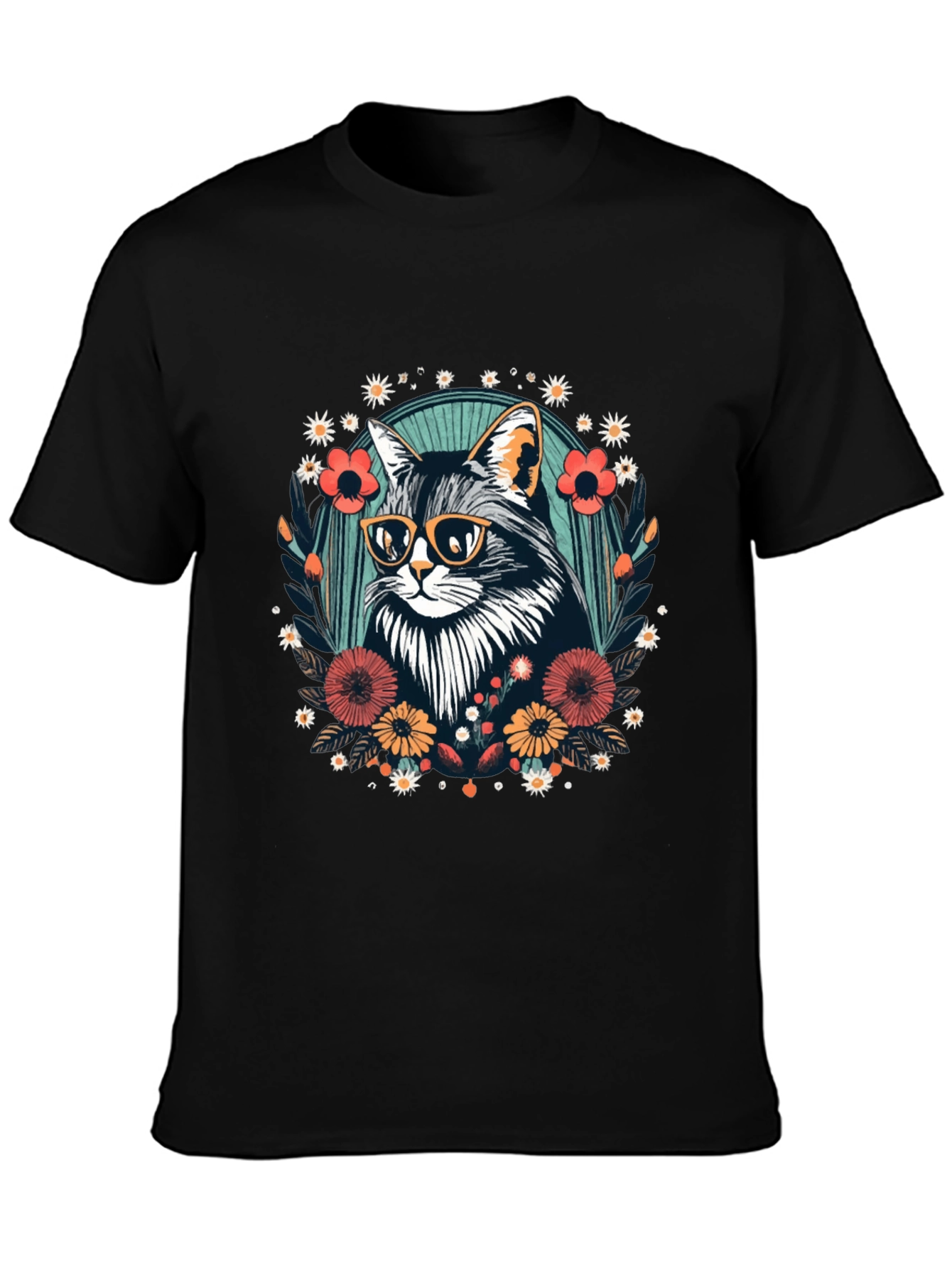 Black Cool Cat Floral Graphic T-Shirt - Unisex view 3