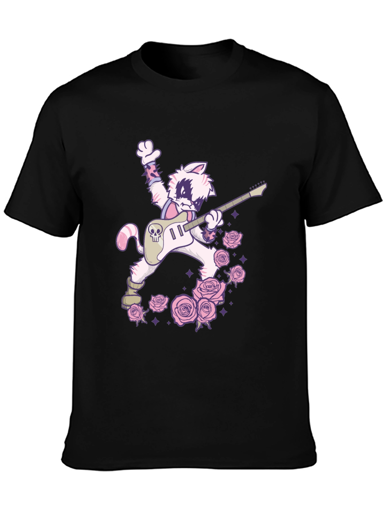 Black Rockstar Cat T-Shirt - Skull Guitar & Roses Graphic Tee view 3