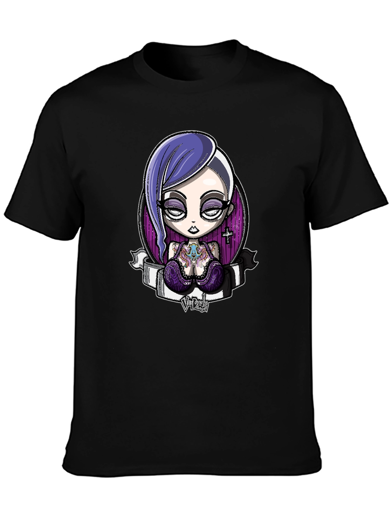 Black Gothic Cartoon Girl Graphic Black T-Shirt view 3