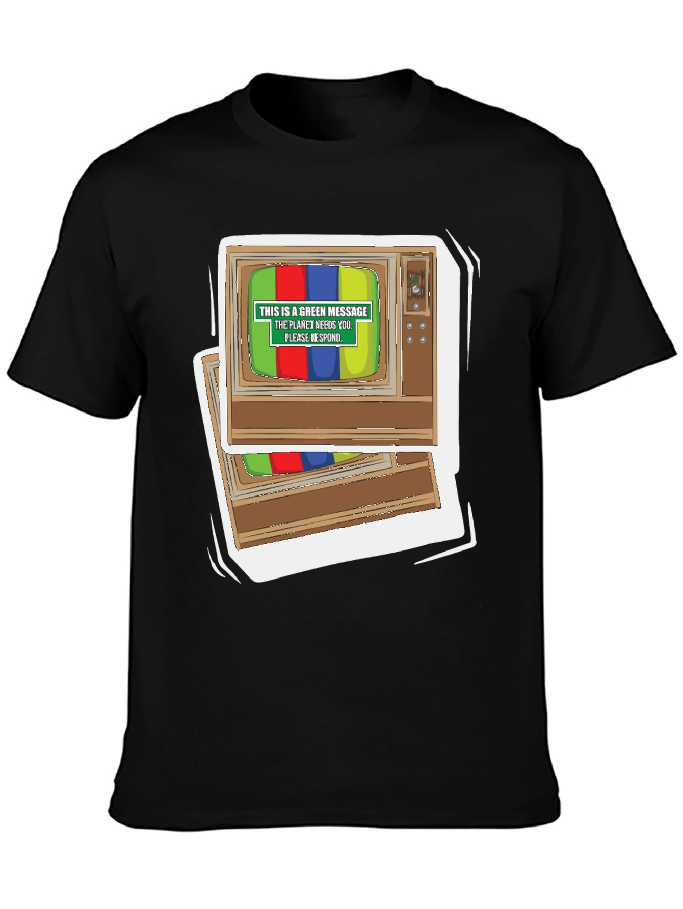 Black Retro TV Green Message Graphic Tee view 3