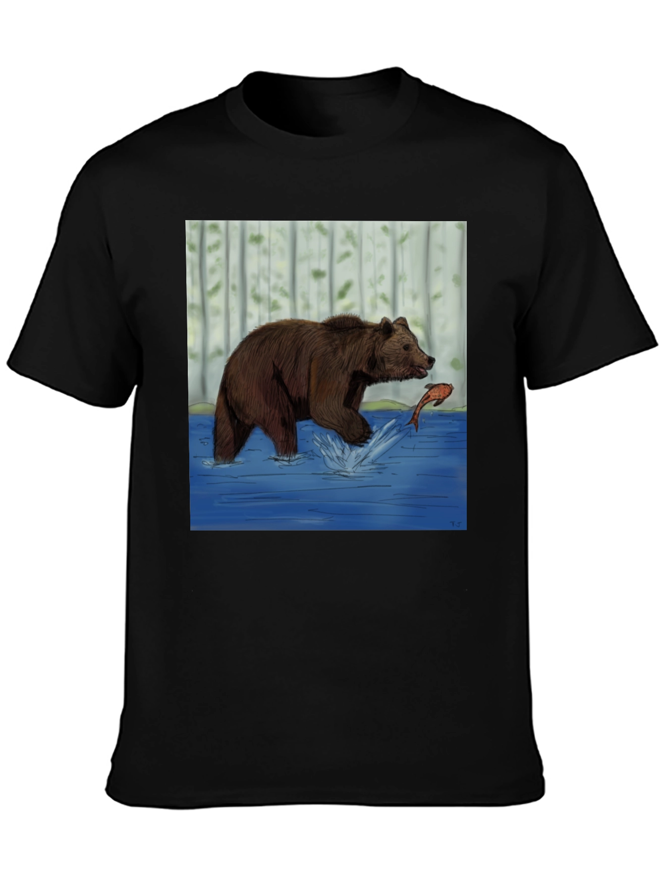 Black Bear and Fish Graphic Tee - Black Cotton Blend view 3