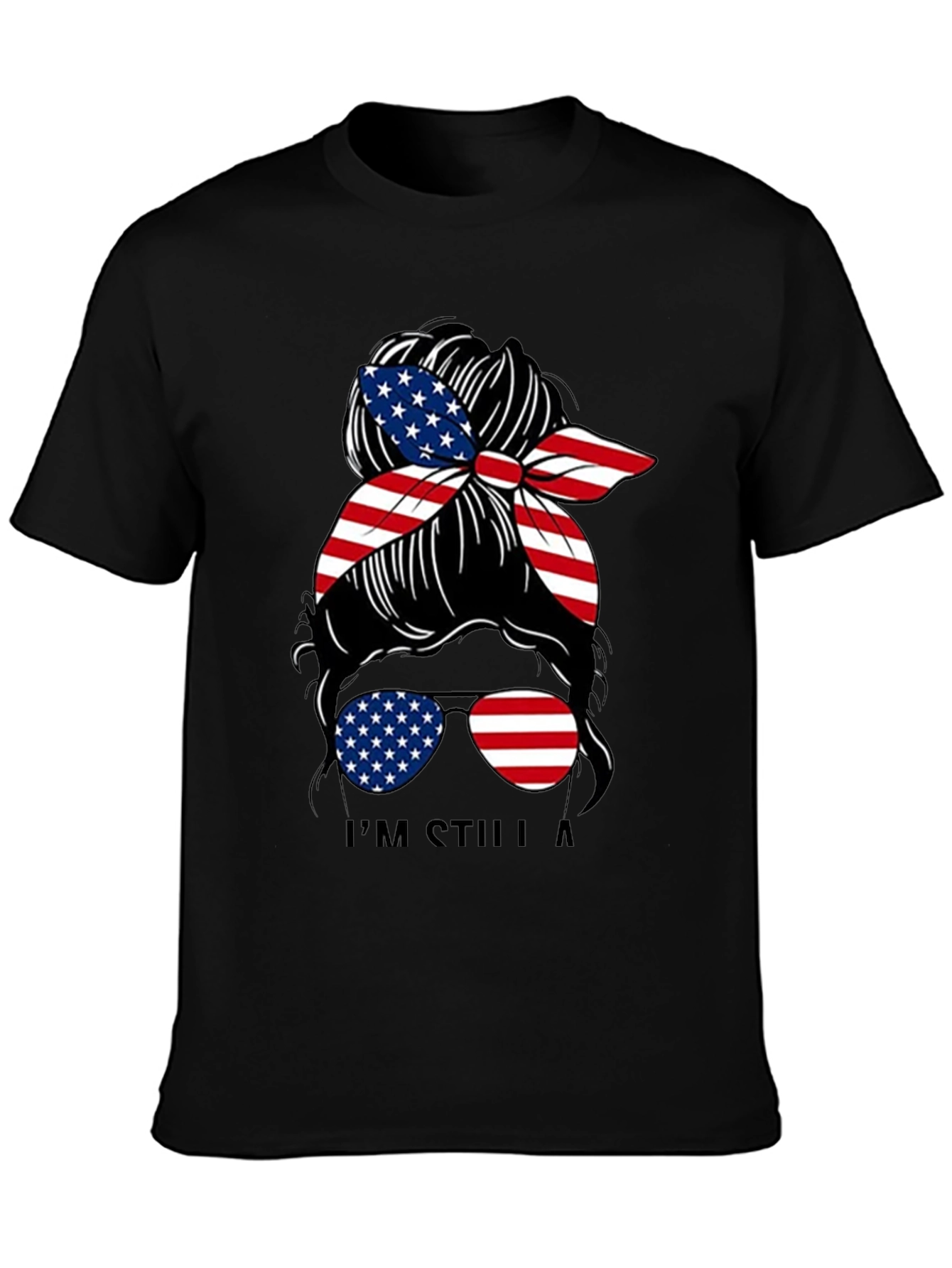 Black Patriotic Messy Bun T-Shirt - American Flag view 3
