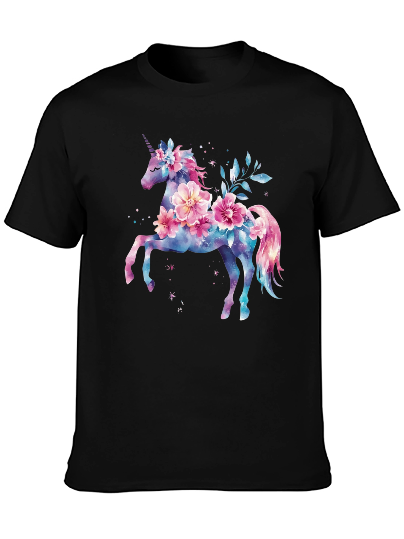 Floral Unicorn Graphic Tee - Black Cotton Blend Shirt - 3
