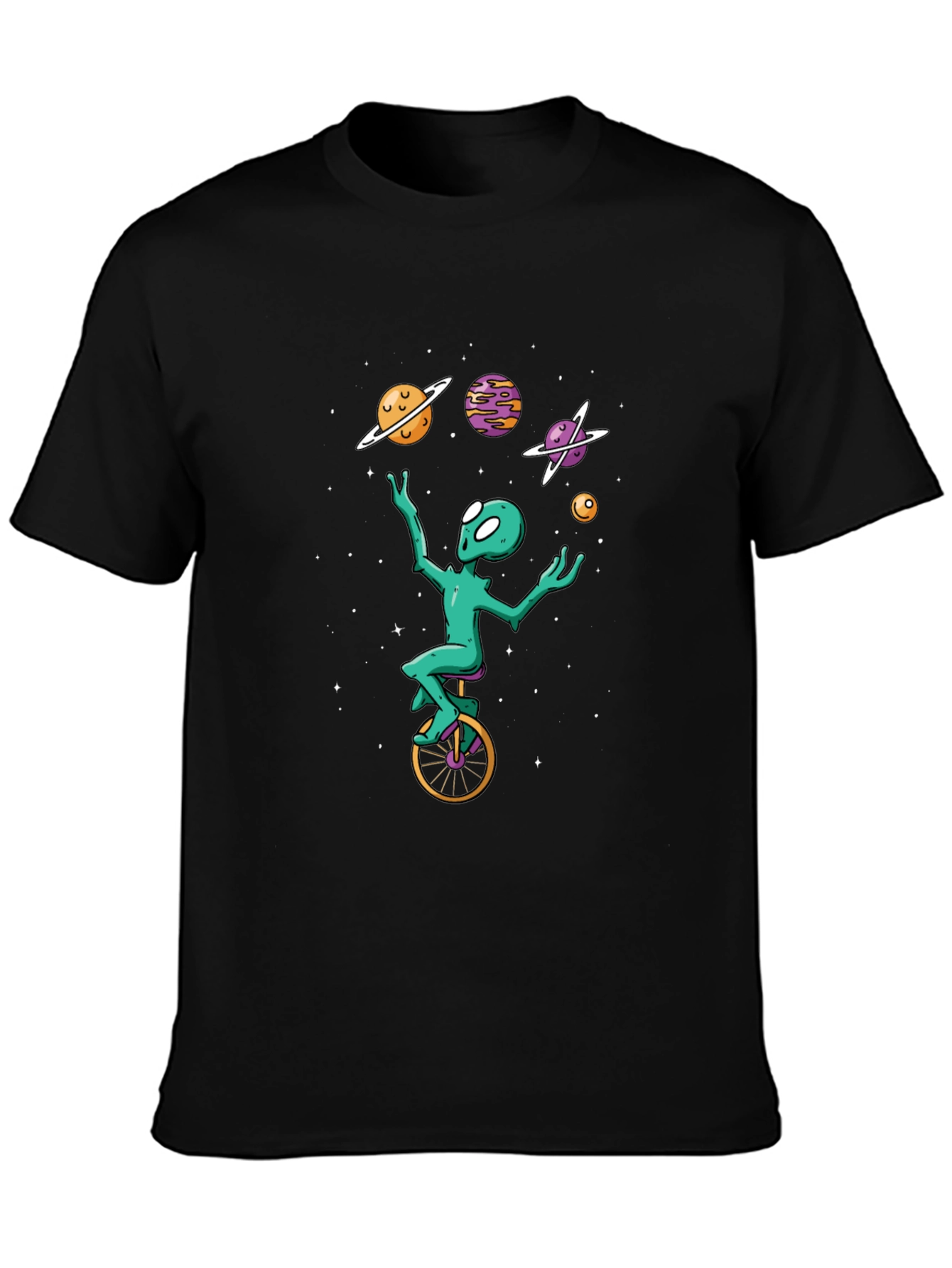 Black Alien Unicycle T-Shirt - Space Juggling Tee view 3