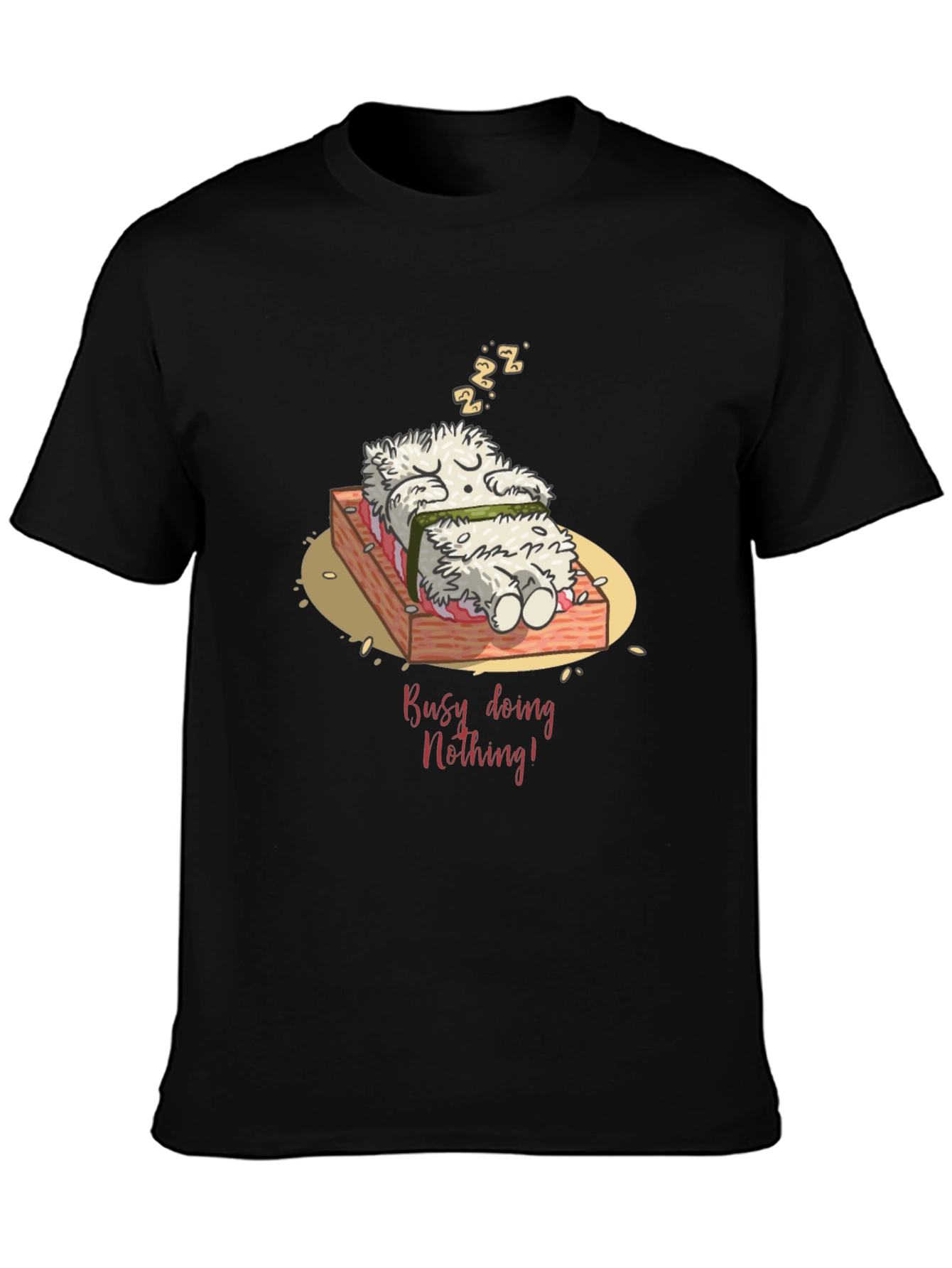 Black Funny "Busy Doing Nothing" Sushi Sleeping T-Shirt view 3