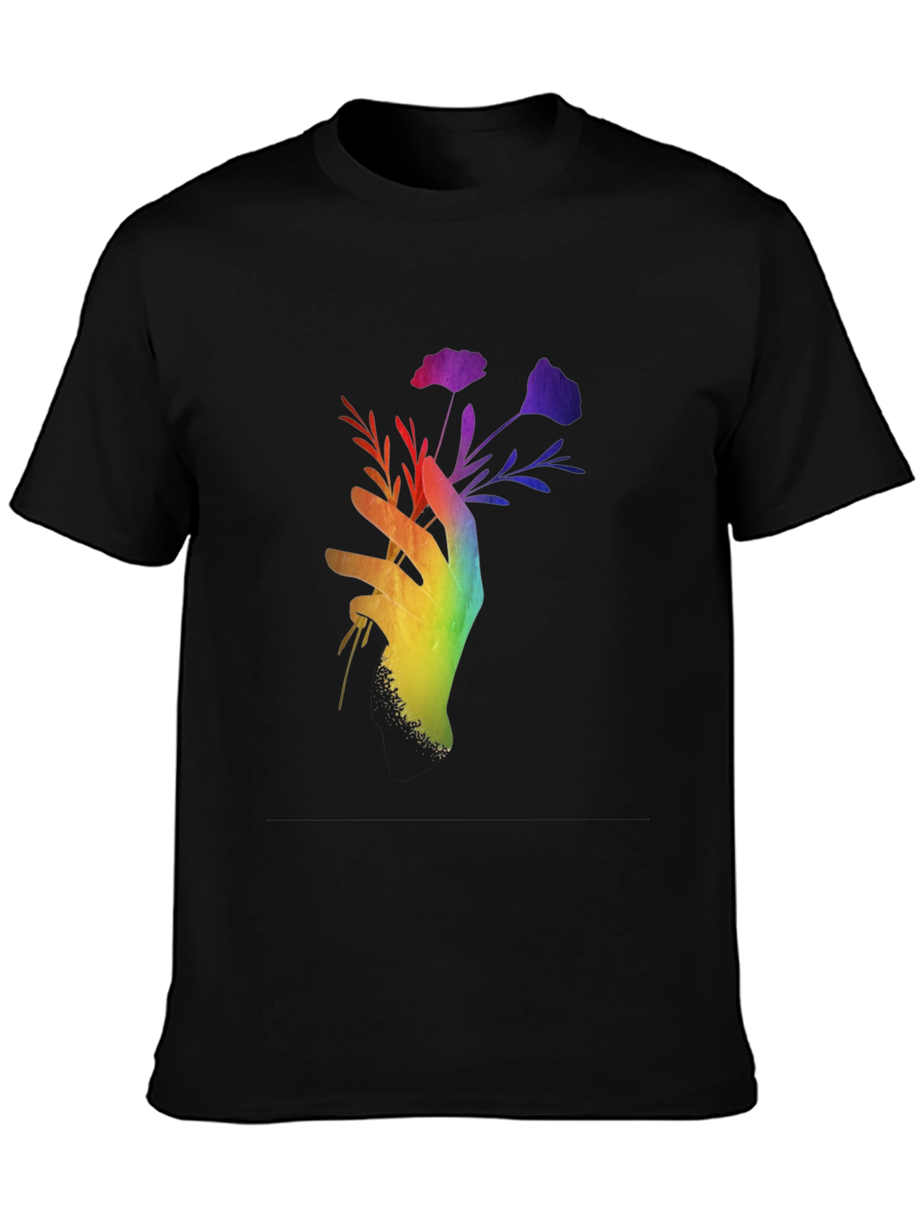 Black Rainbow Hand Holding Flowers Black T-Shirt view 3