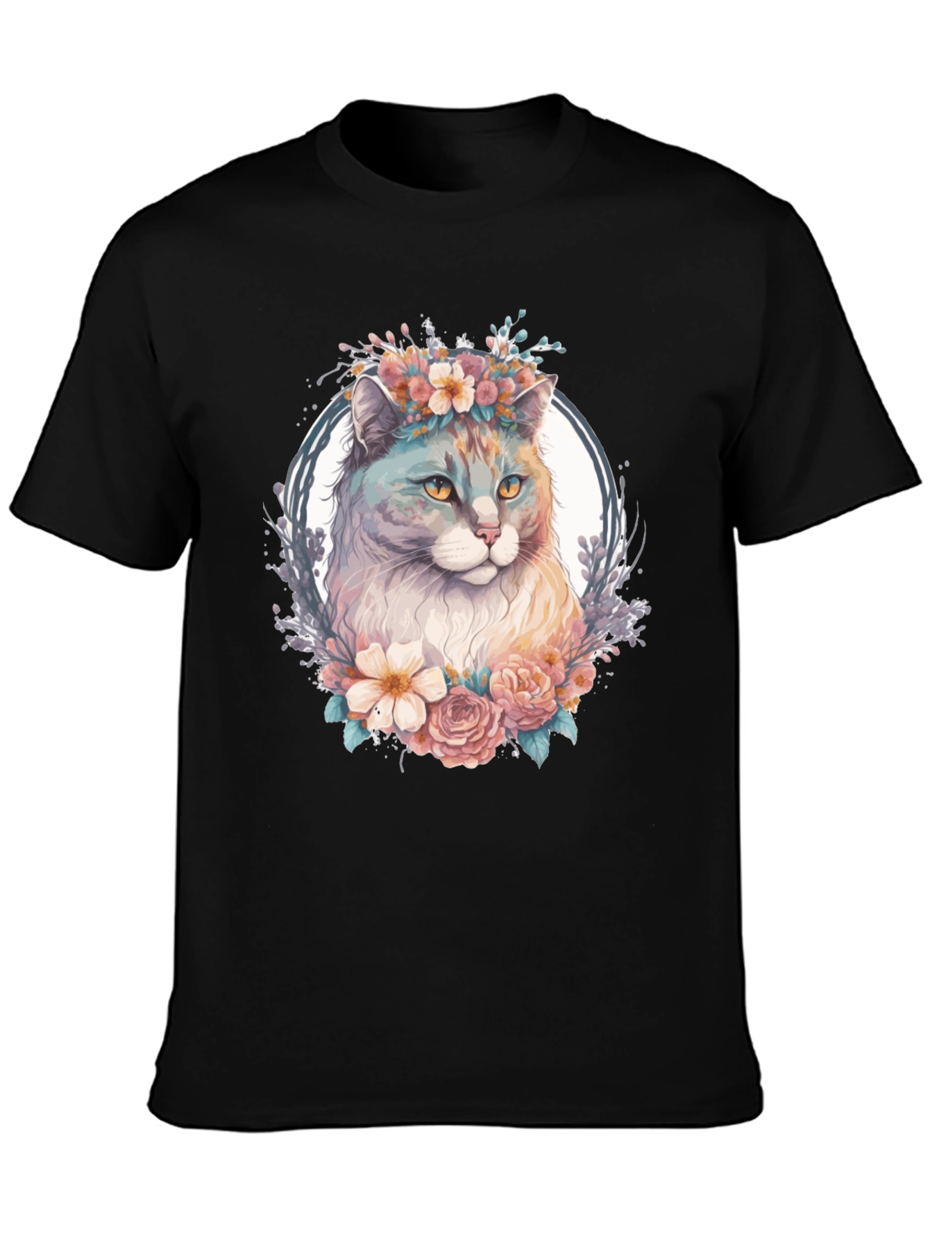 Black Floral Cat Graphic T-Shirt view 3