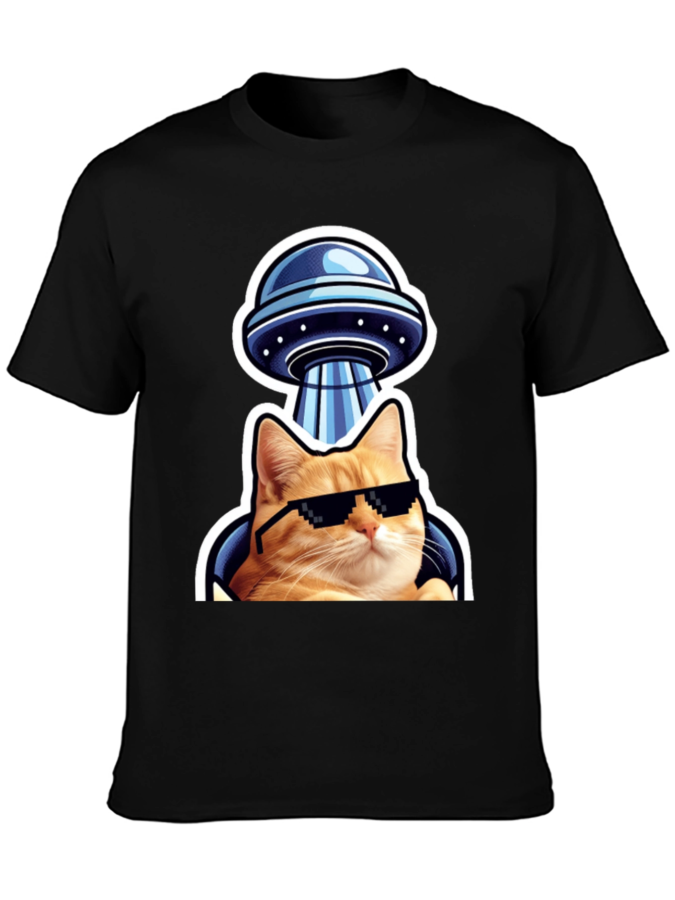 Black Cool Cat UFO T-Shirt - Black Cotton Tee view 3